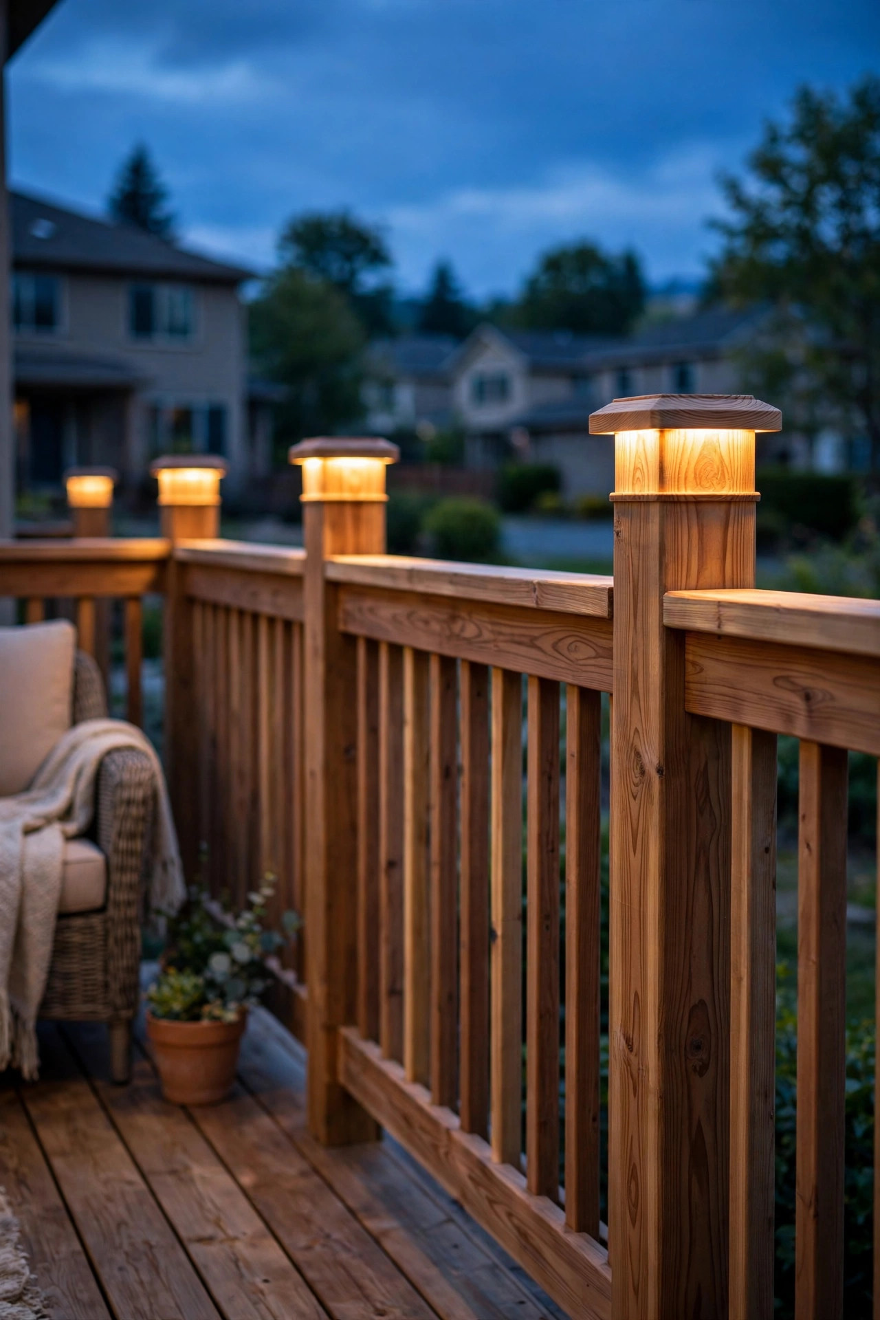 Wood-grain finish deck post cap lights blending into a cedar railing, glowing warmly at dusk