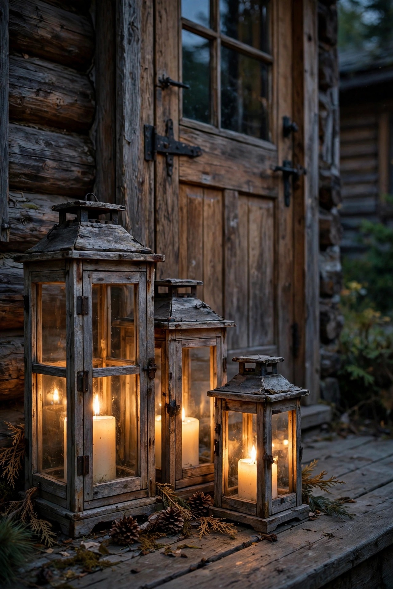Weathered wood lanterns with flickering flameless candles clustered beside a cabin porch door at dusk