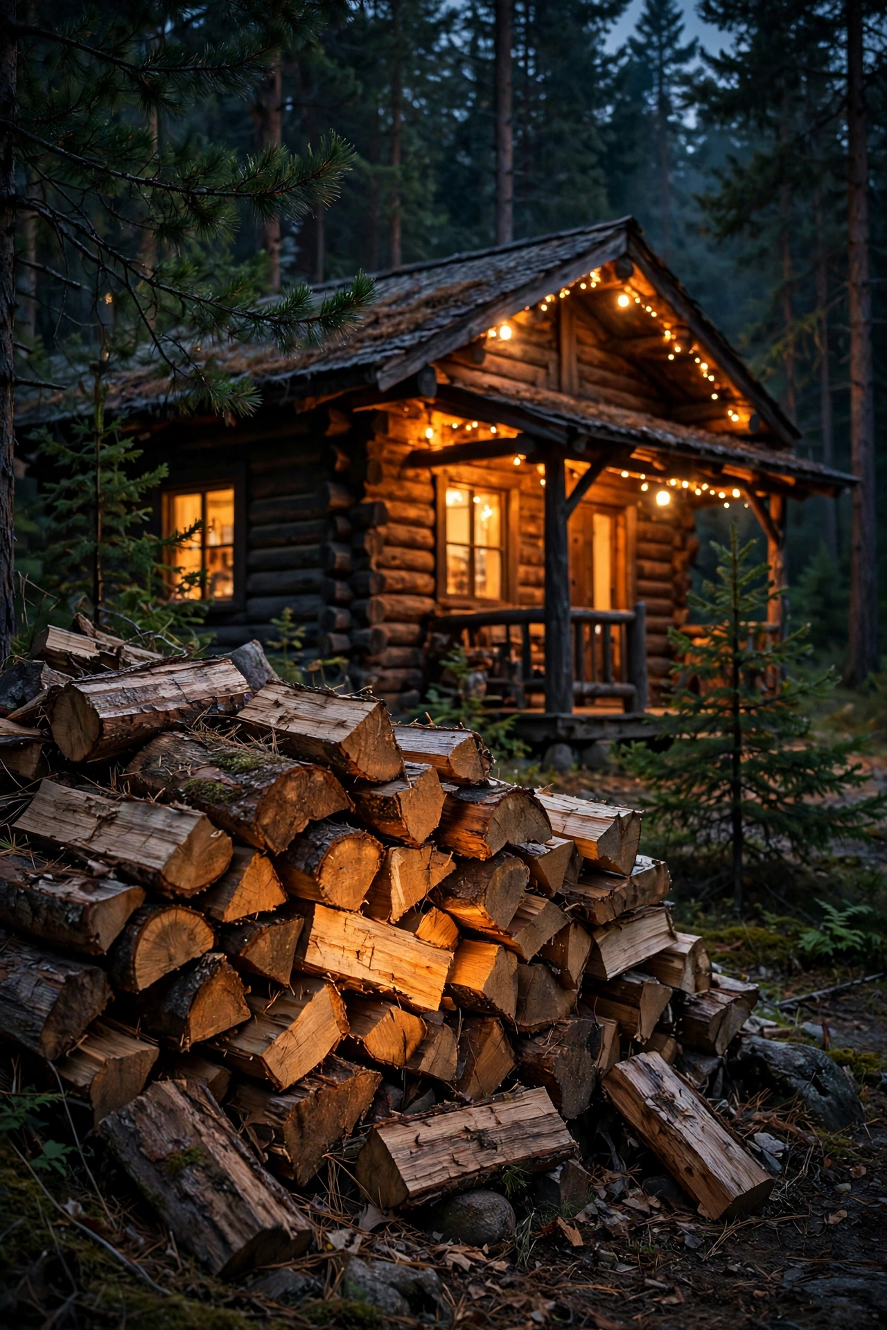 Stacked firewood pile at a rustic cabin backlit with warm accent lighting at night