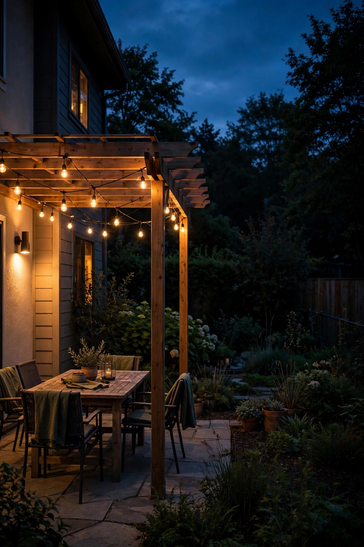 Backyard at dusk with the patio zone warmly lit while the side yard stays dark, zoned energy saving outdoor lighting in a suburban garden
