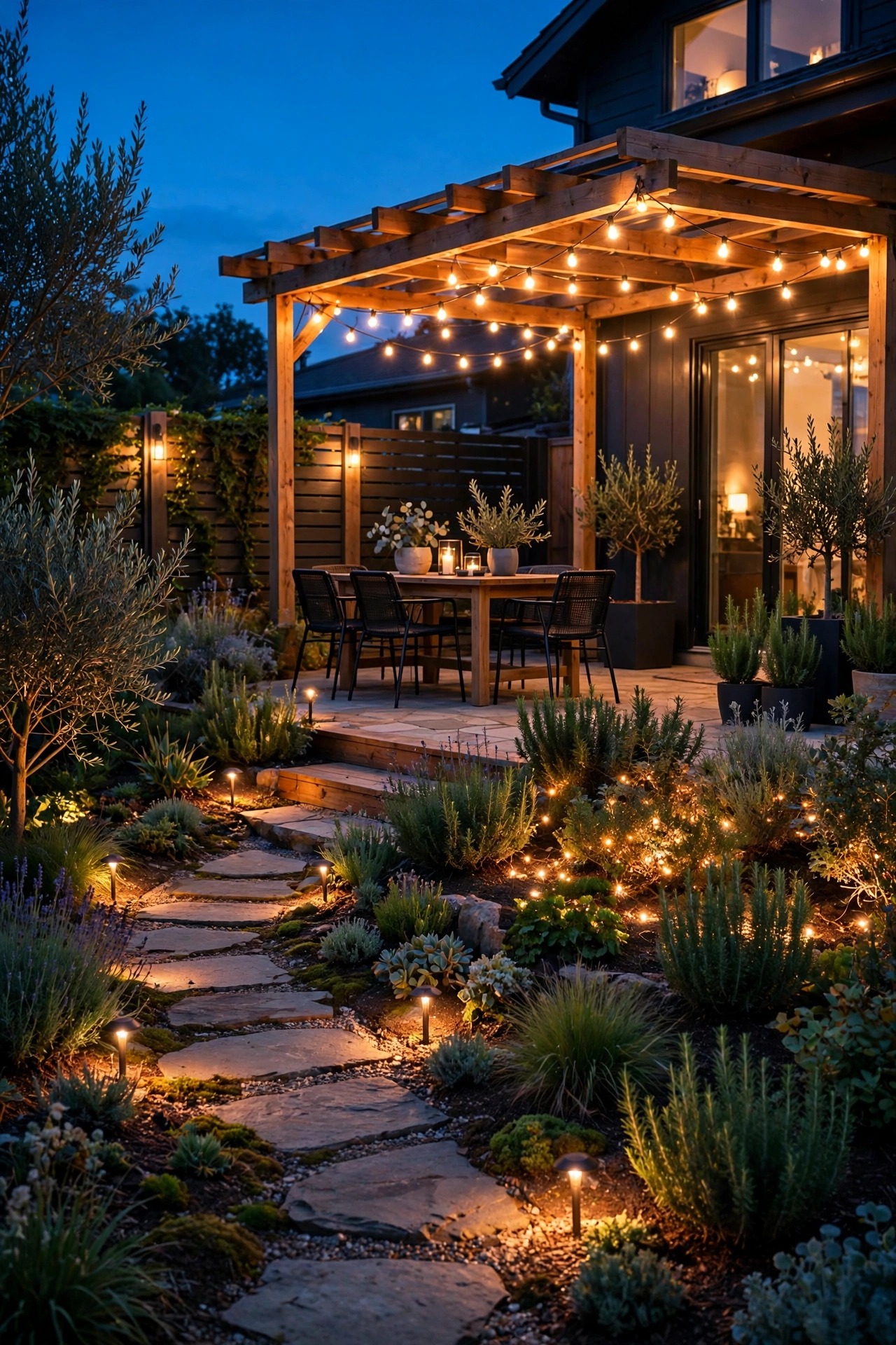 Evening backyard scene with outdoor smart bulbs grouped by zone across patio, path and garden at different warm brightness levels