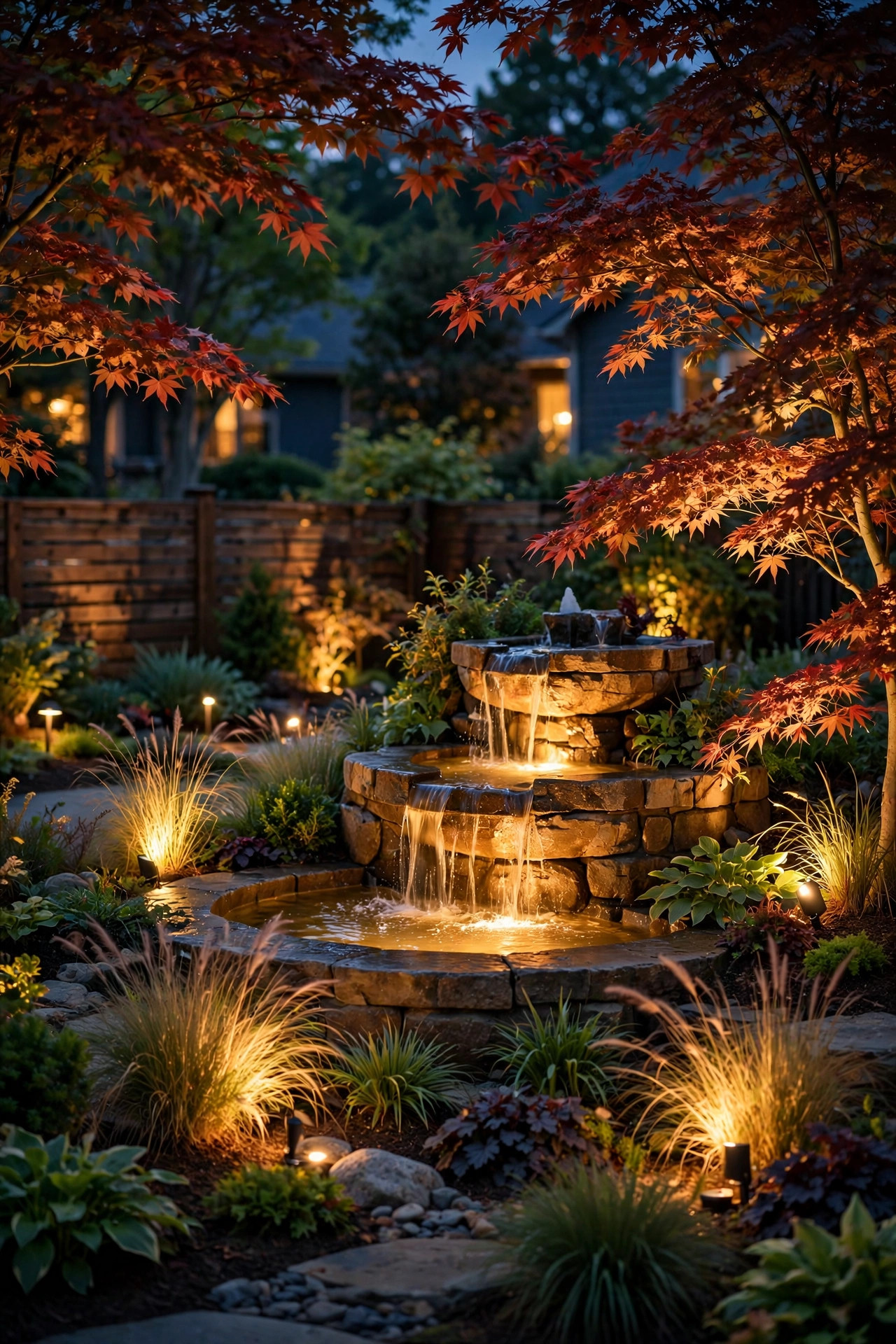 accent spotlights uplighting plants around a night fountain