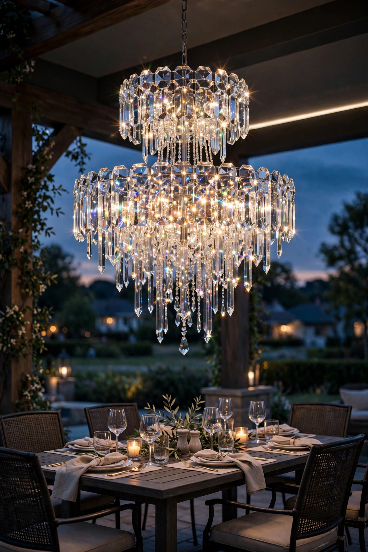 Crystal-look acrylic outdoor chandelier sparkling over a patio dining set
