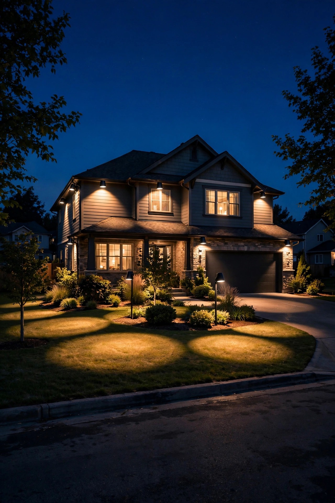view from the street of a suburban home at night with carefully aimed warm smart flood lights, even overlapping pools of light and no visible glare