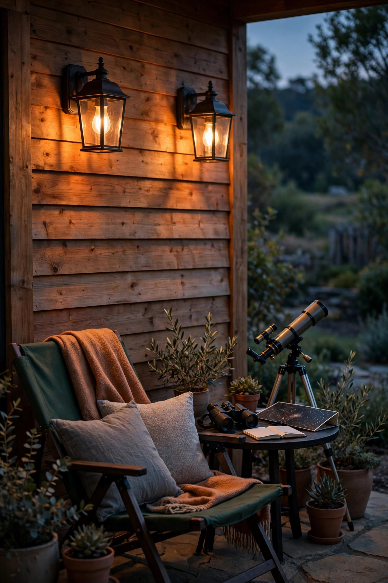 Porch sconces with smart bulbs glowing deep amber at low brightness on a patio set for stargazing