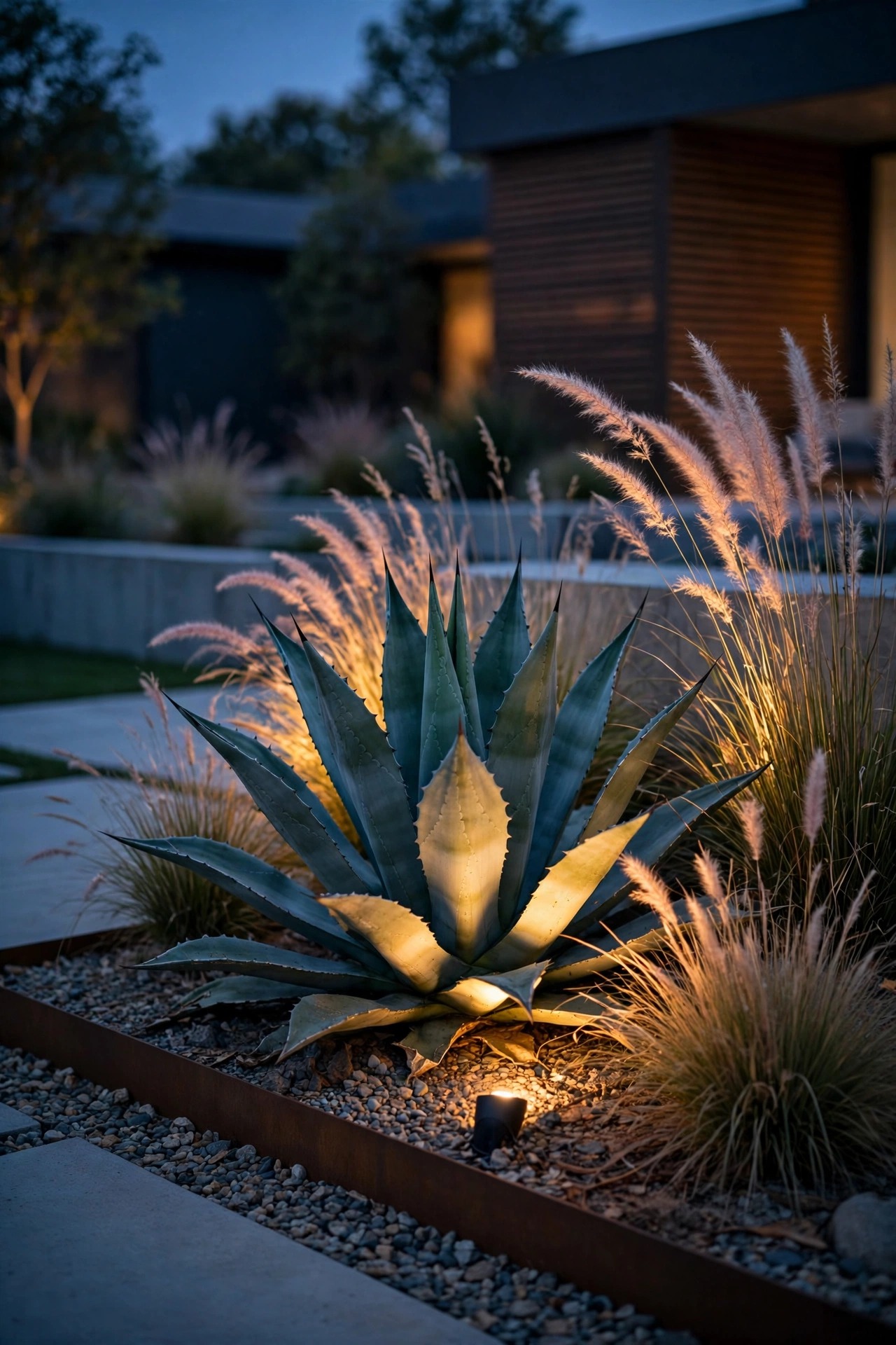 Single spotlight uplighting a sculptural agave and ornamental grasses in a modern front yard bed at dusk