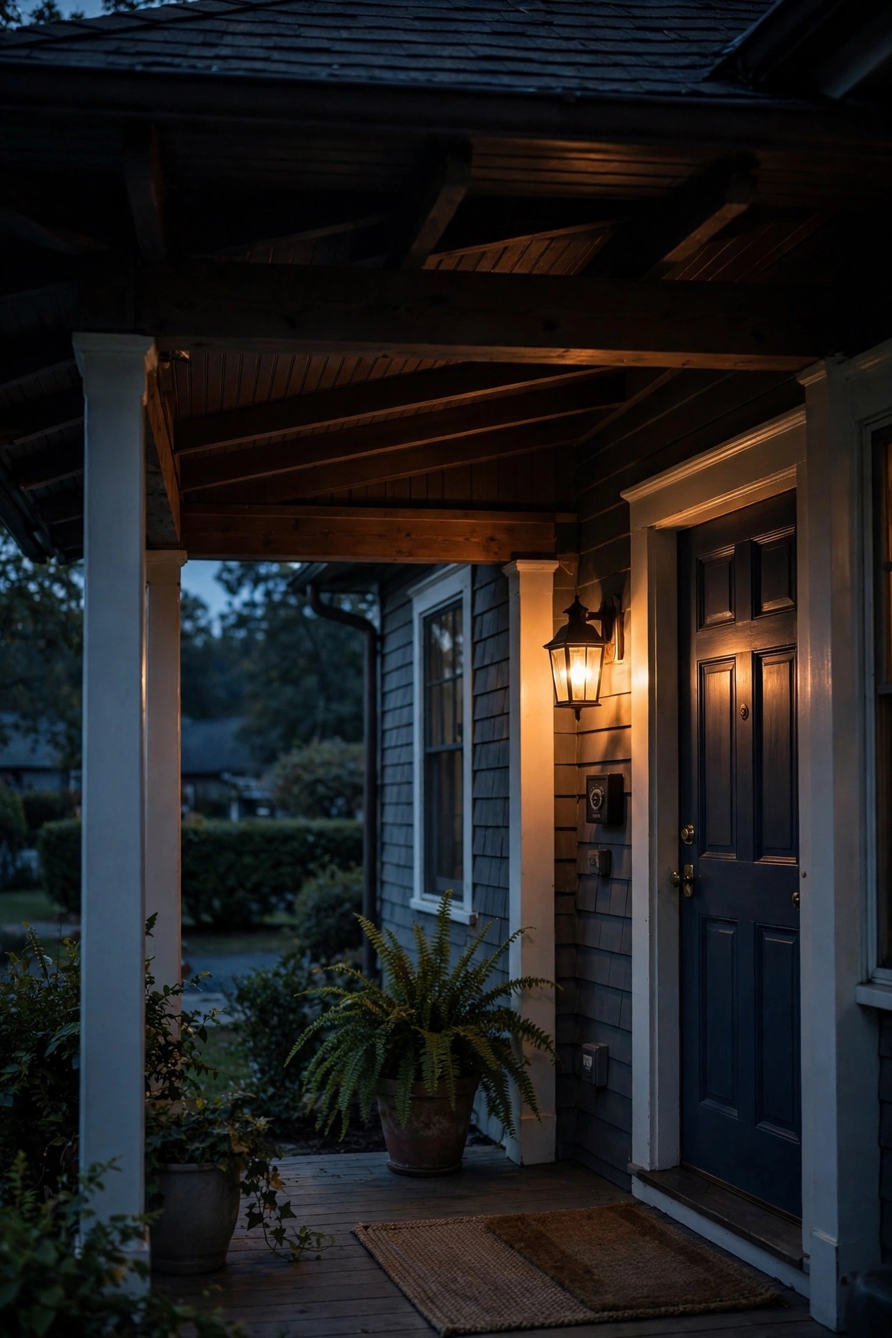 Photorealistic dusk view of a shaded covered front porch with a warm lantern glowing beside the door under a deep porch roof, timer-controlled evening light at twilight