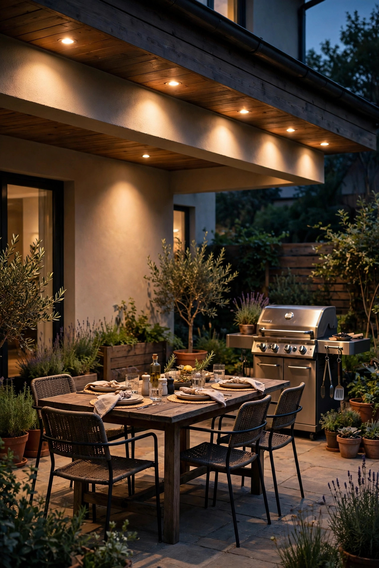 Rear eave downlights washing a back patio with dining table and grill in warm evening light