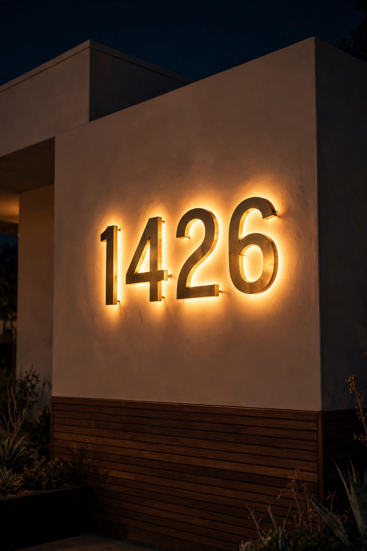 Backlit brass address numbers glowing with a warm halo on a mid century modern home exterior at night