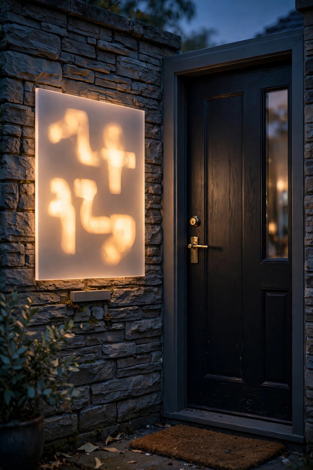 Backlit house numbers glowing warmly on a plaque beside a front door at dusk, crisp and readable from the street