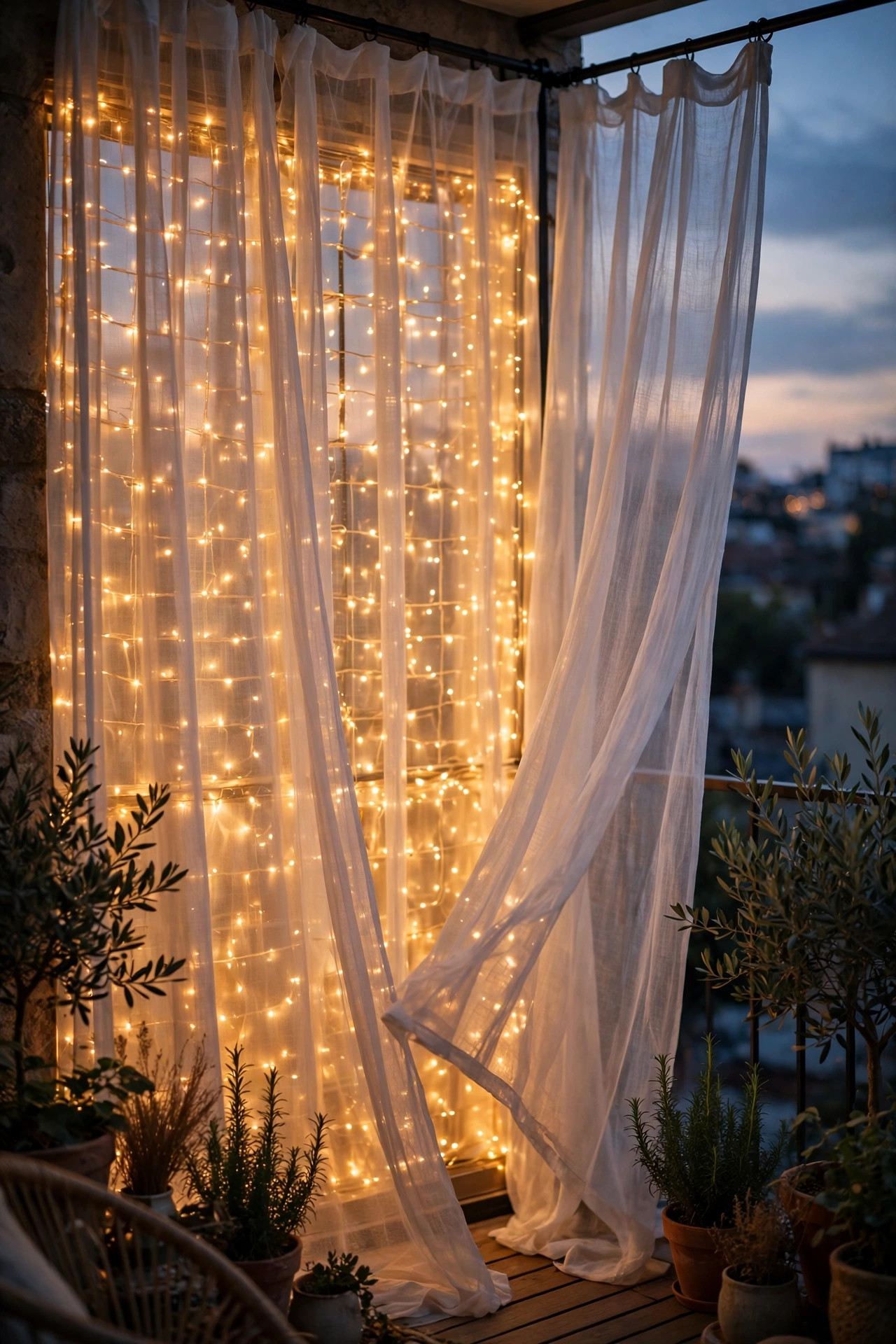 Sheer outdoor curtains on a balcony glowing softly at dusk backlit by warm fairy lights forming a lantern-like privacy wall