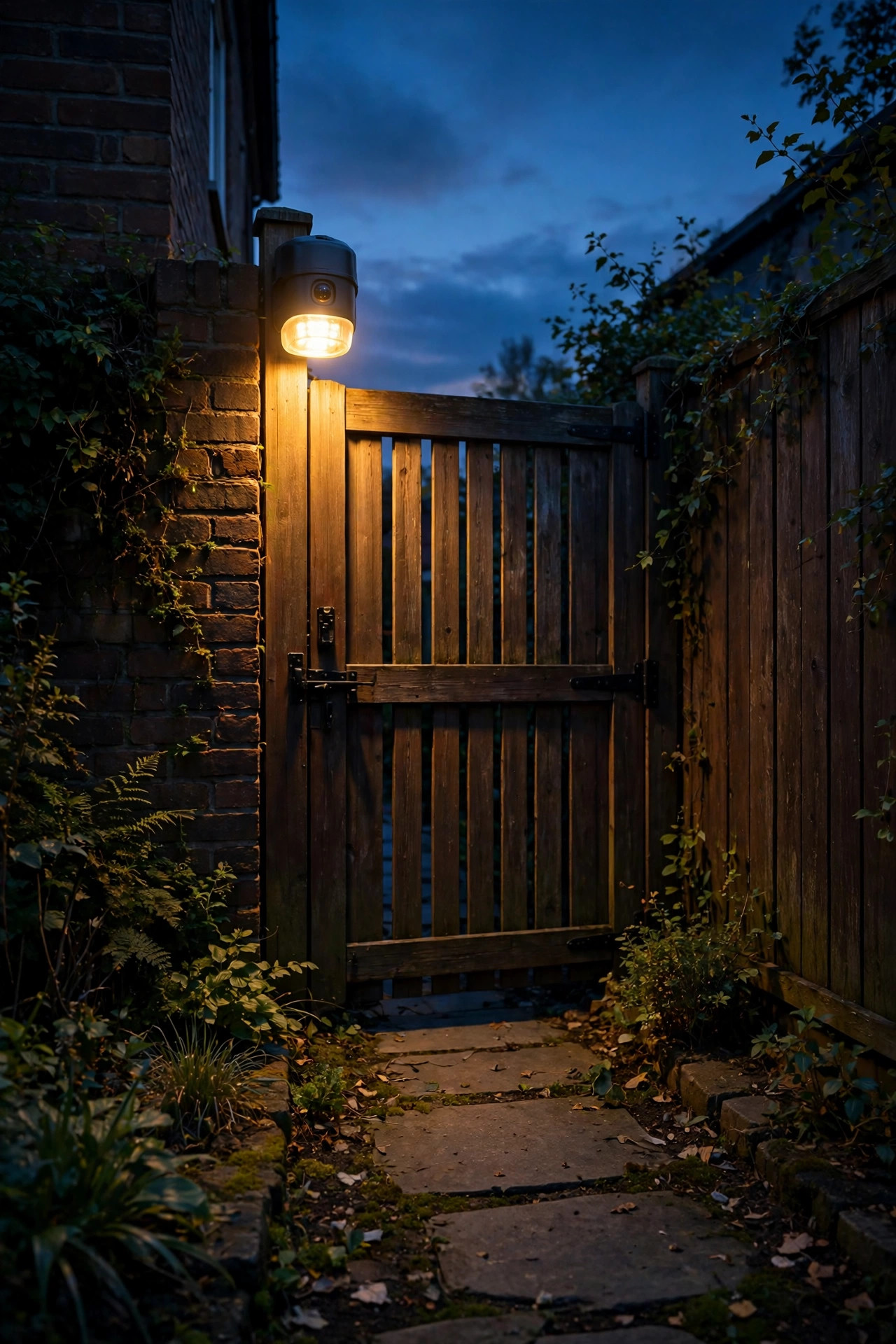 Battery motion sensor light glowing above a side gate and pathway at dusk