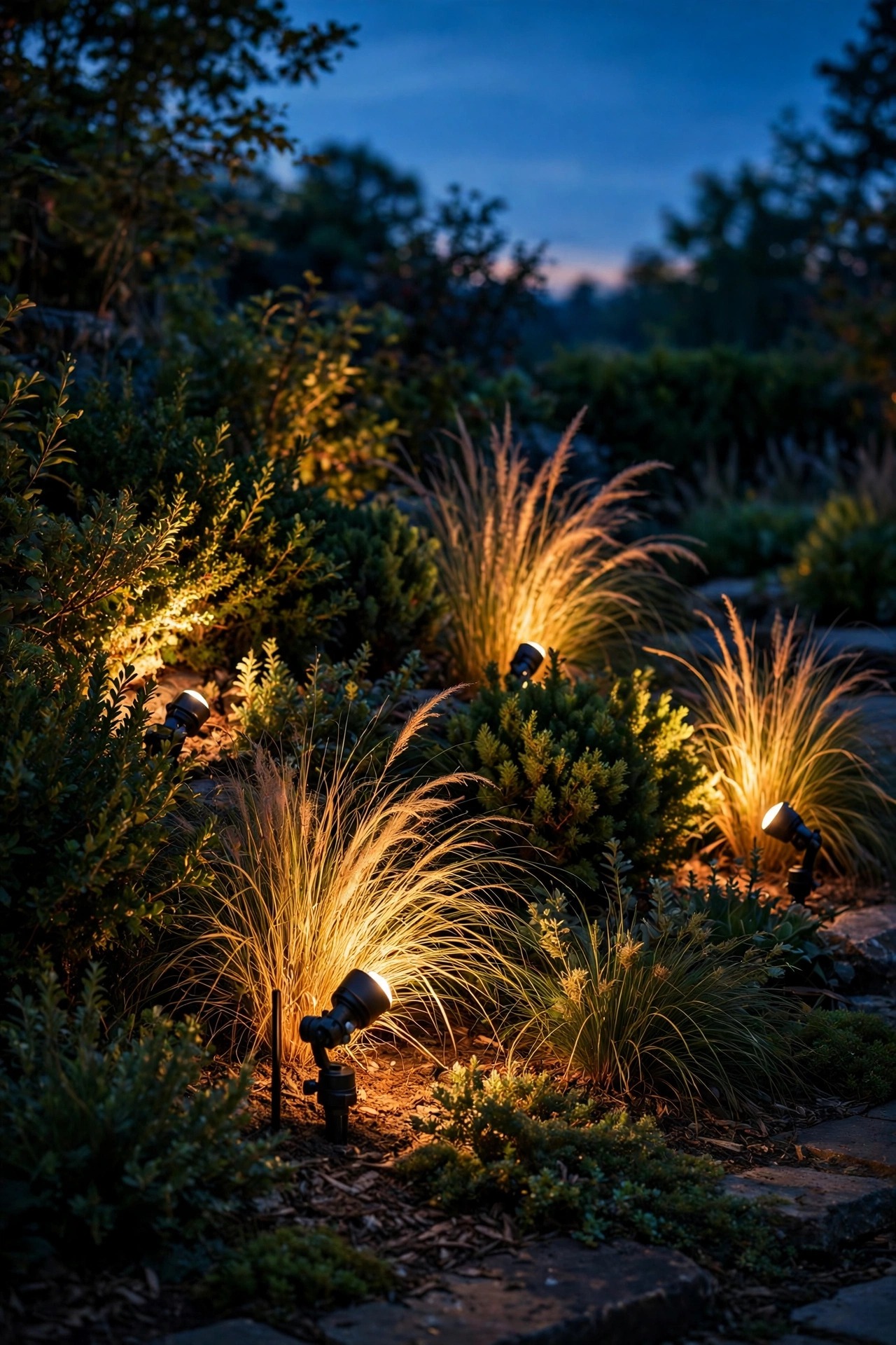 Adjustable spotlights tucked in a lush planting bed cross-lighting shrubs and ornamental grass at night