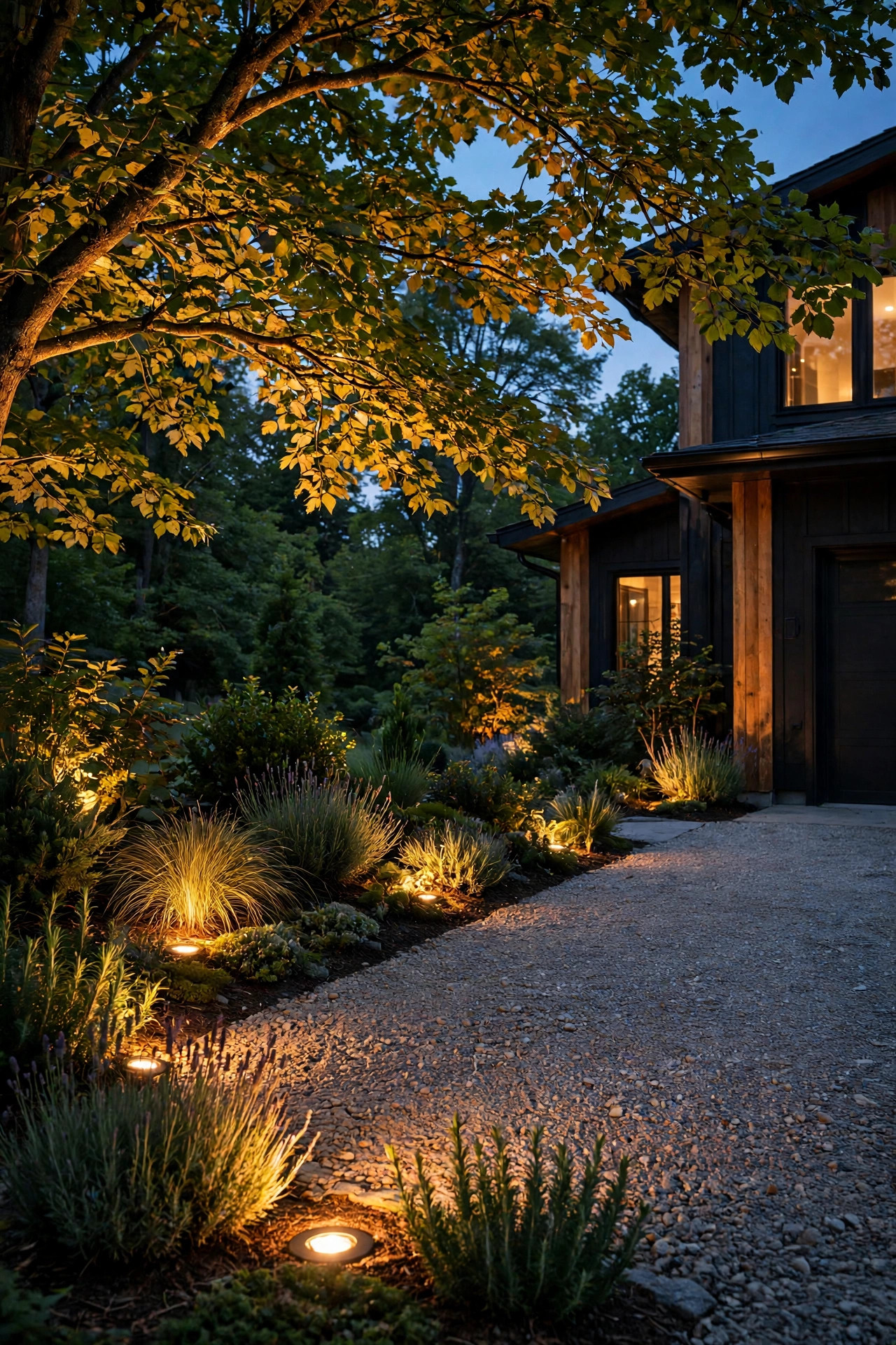 Uplights nestled in planting beds beside a gravel driveway washing warm light across the stones and a tree canopy