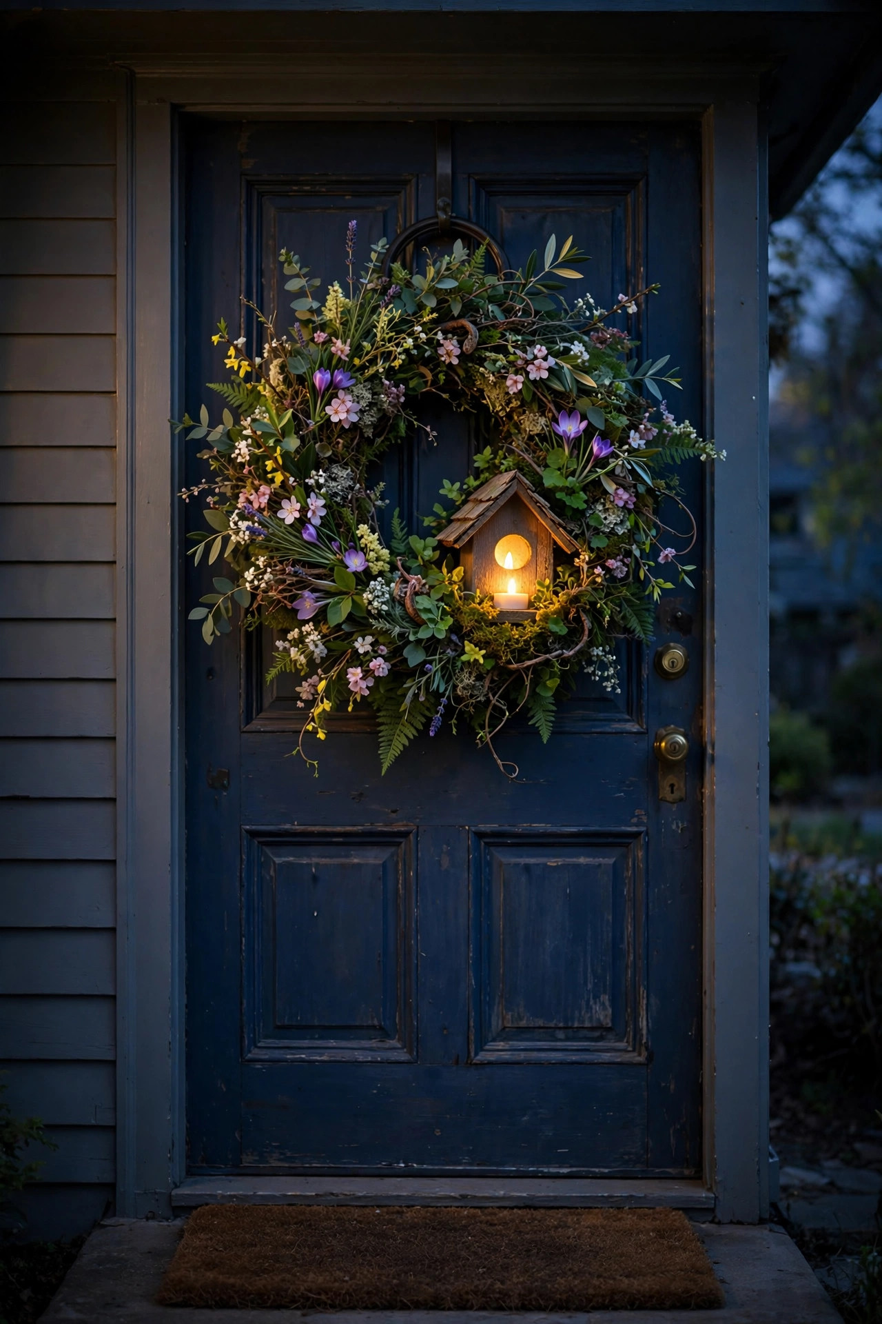 Birdhouse spring wreath with a tiny glowing window lit by an LED tea light at dusk