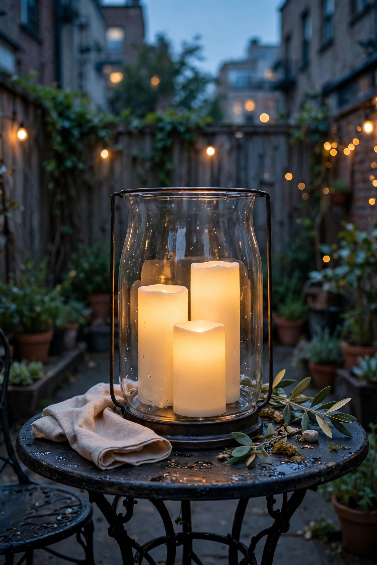 Flameless candles glowing in a glass hurricane on a small bistro table in an urban backyard at dusk