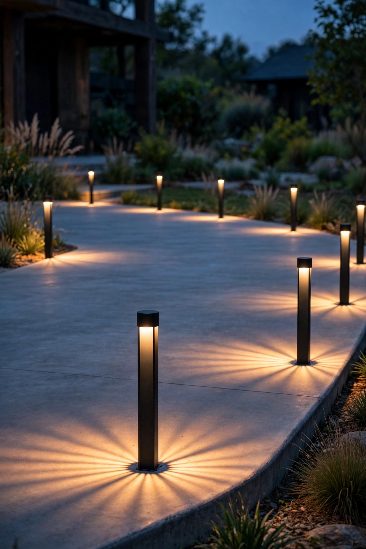Short bollard lights outlining the edge of a concrete patio with clean fans of warm light