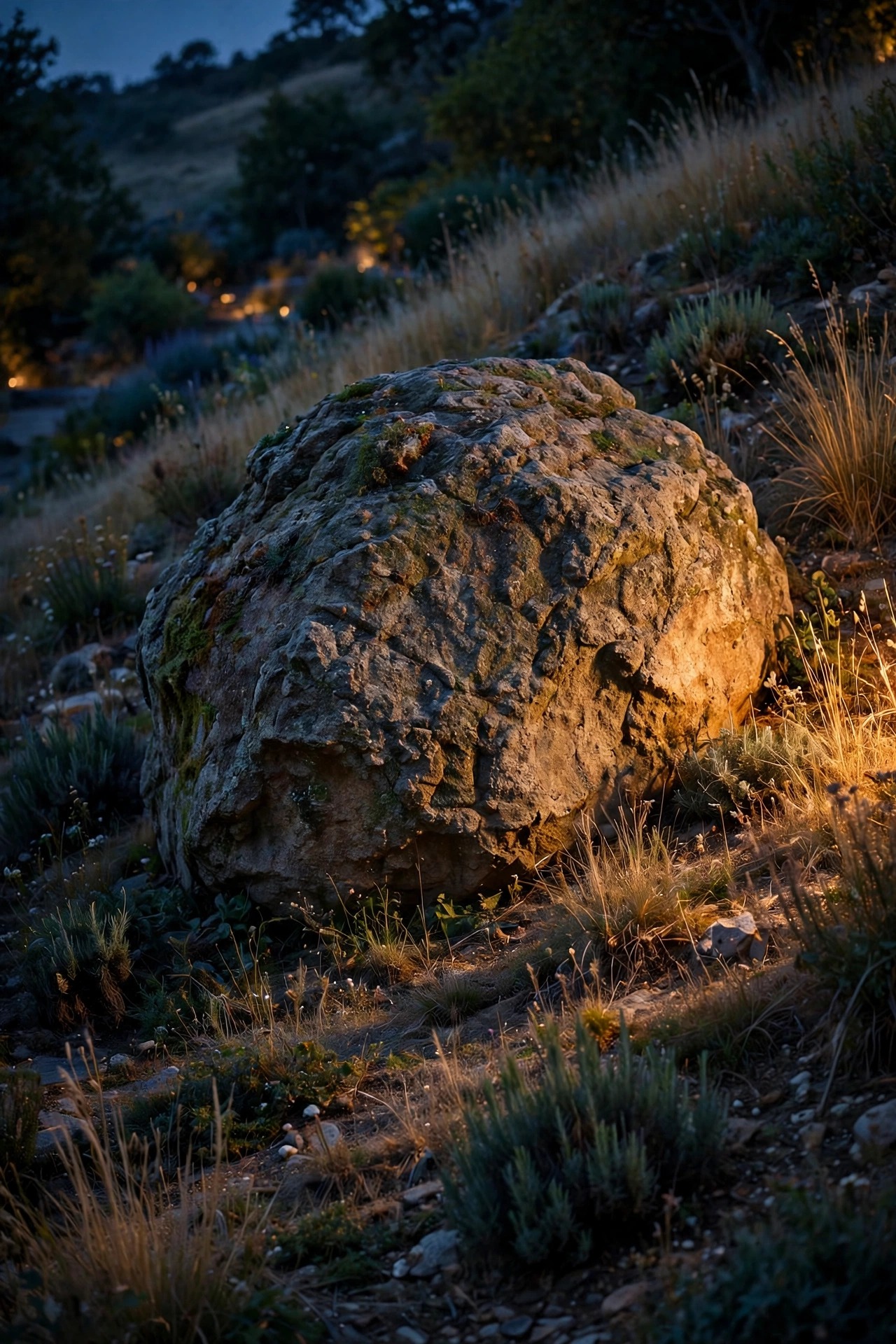 Large garden boulder on a hillside grazed with warm accent light at night