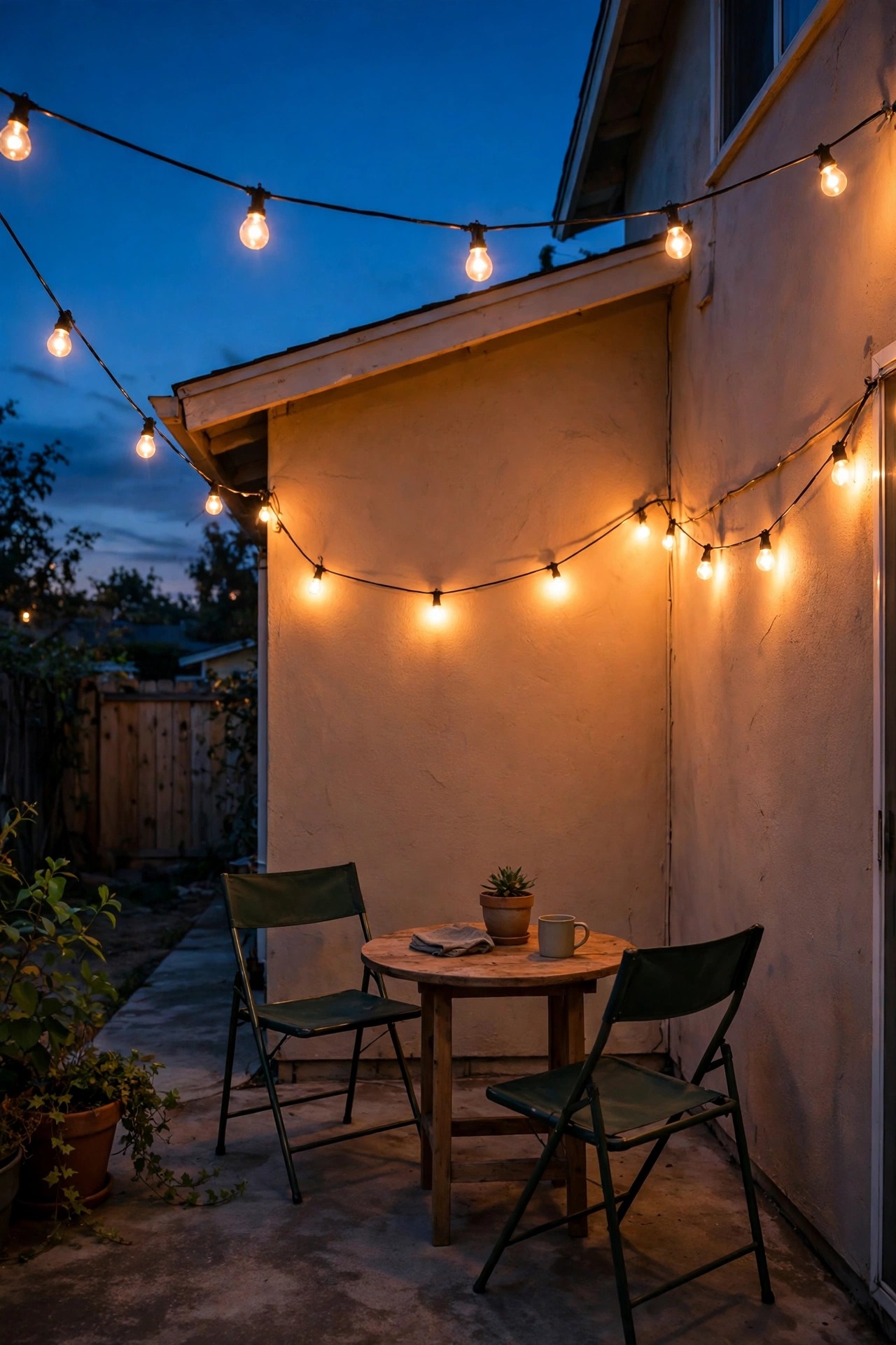 Simple budget string lights with standard screw-in bulbs glowing over a modest first patio with a small table, chairs and string lights on a house wall at dusk