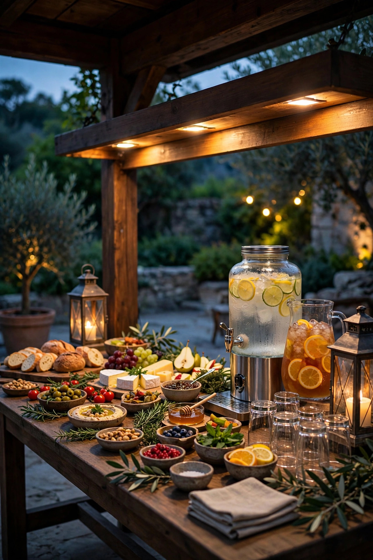 Buffet and drink station with focused warm task lighting under a shelf edge, lanterns at each end of the spread