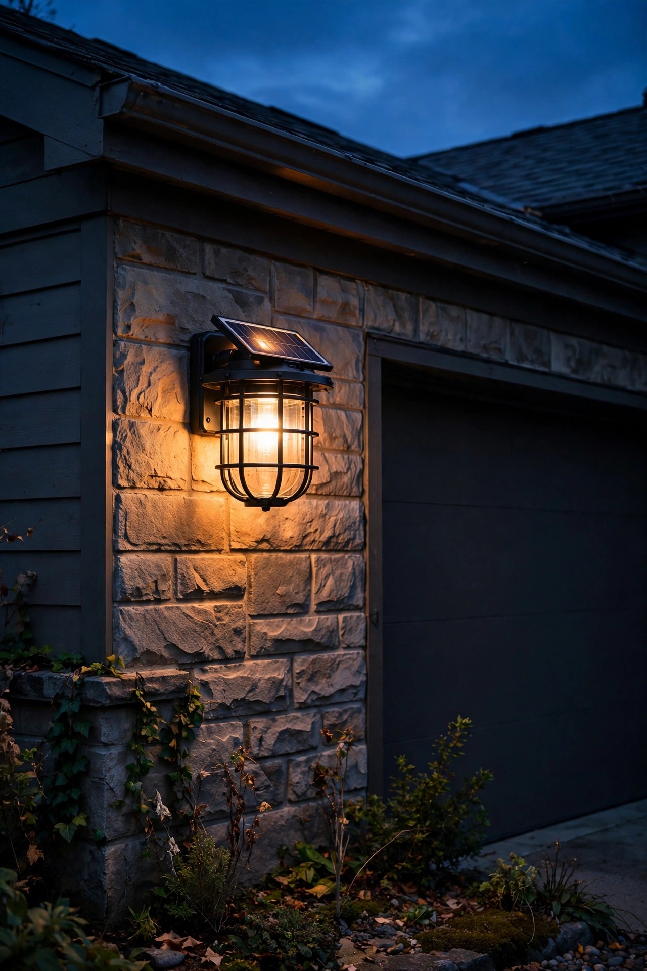Caged bulkhead style solar wall light glowing on a garage side wall at dusk