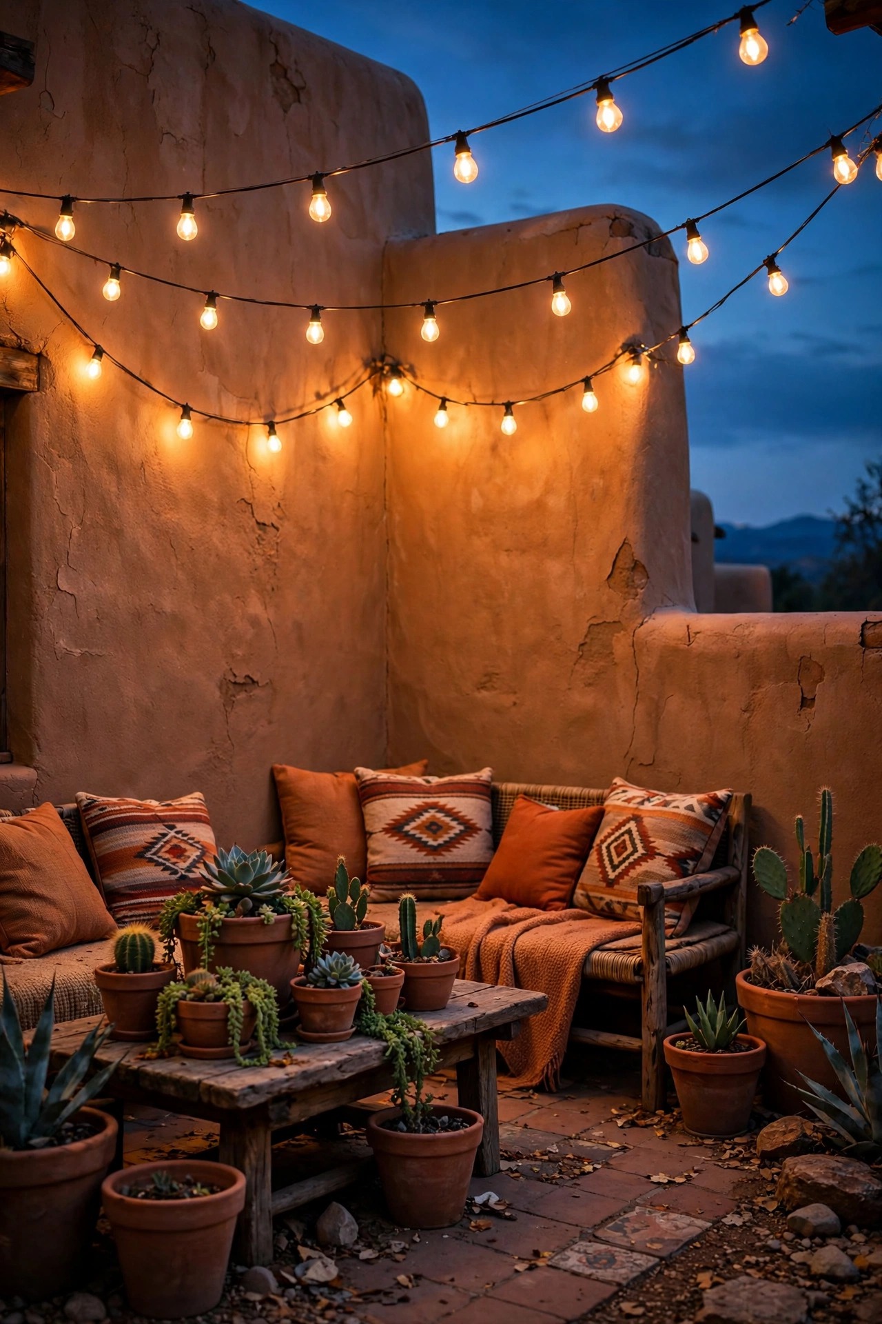 Warm café string lights swagged over a Southwestern courtyard seating corner at dusk, adobe walls and terra-cotta pots glowing below