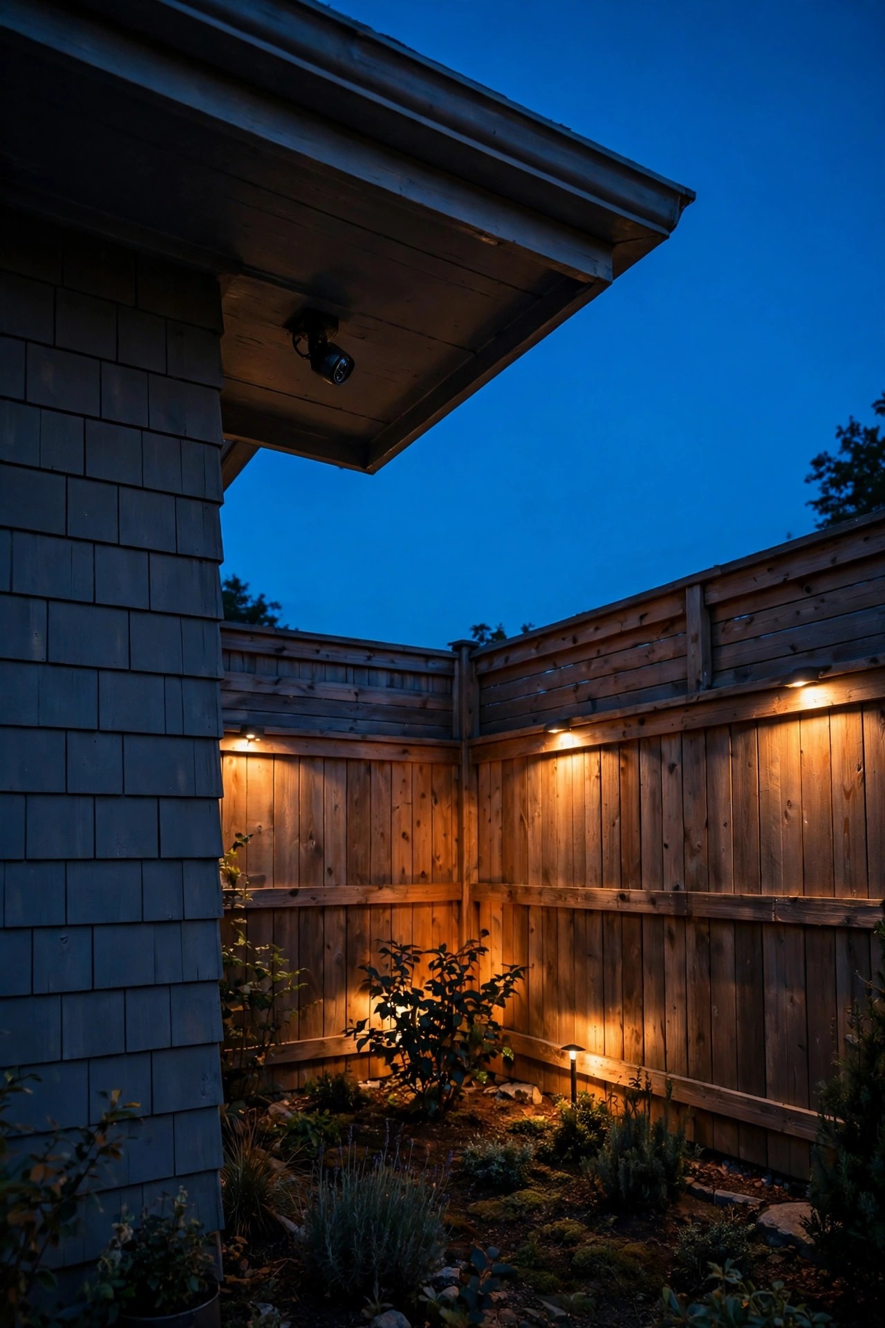 Backyard corner at dusk with a small security camera mounted under the eave and soft shielded lights illuminating the fence line below