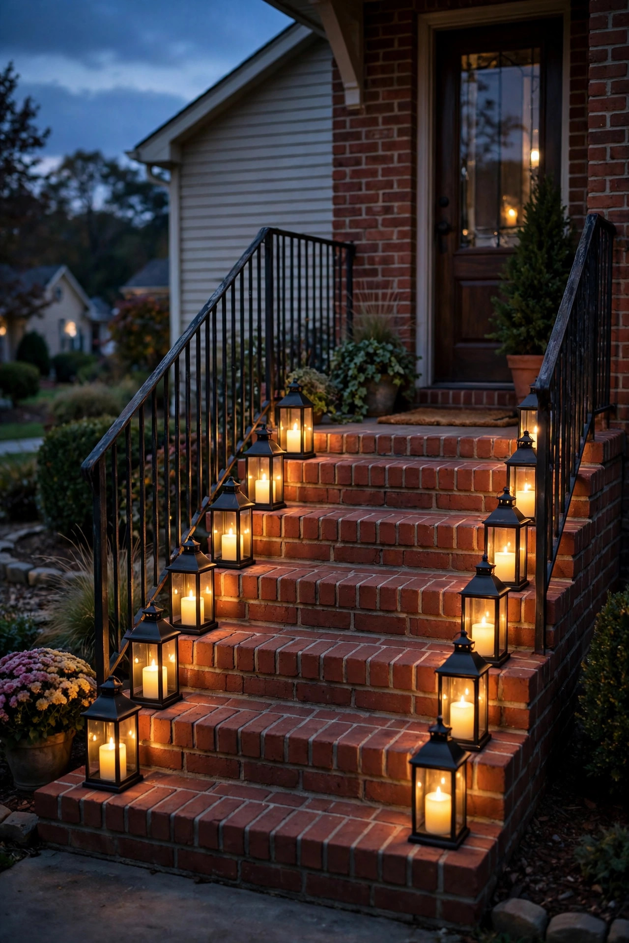 Candle style lanterns with flickering LED candles lining red brick porch steps at dusk