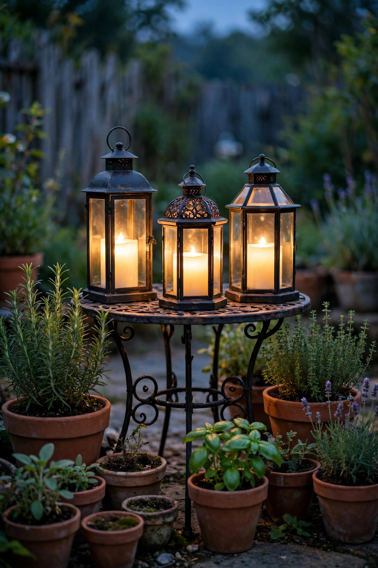 Three flameless candle lanterns glowing on a small iron garden table among herb pots at dusk