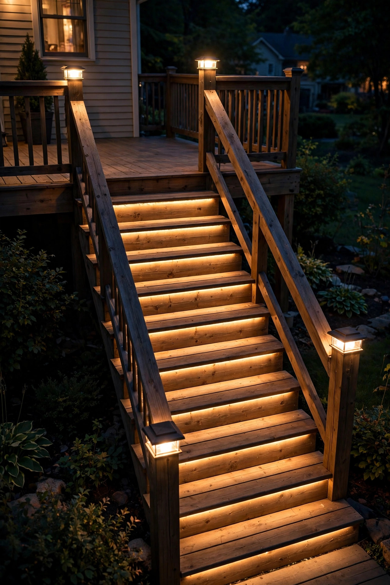 Deck stairs with glowing post cap lights on newel posts and illuminated stair risers at night