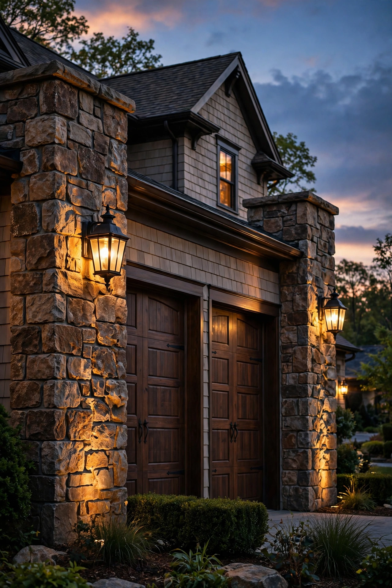 Stone pilasters beside garage doors with carriage lanterns mounted on each, light grazing the stonework