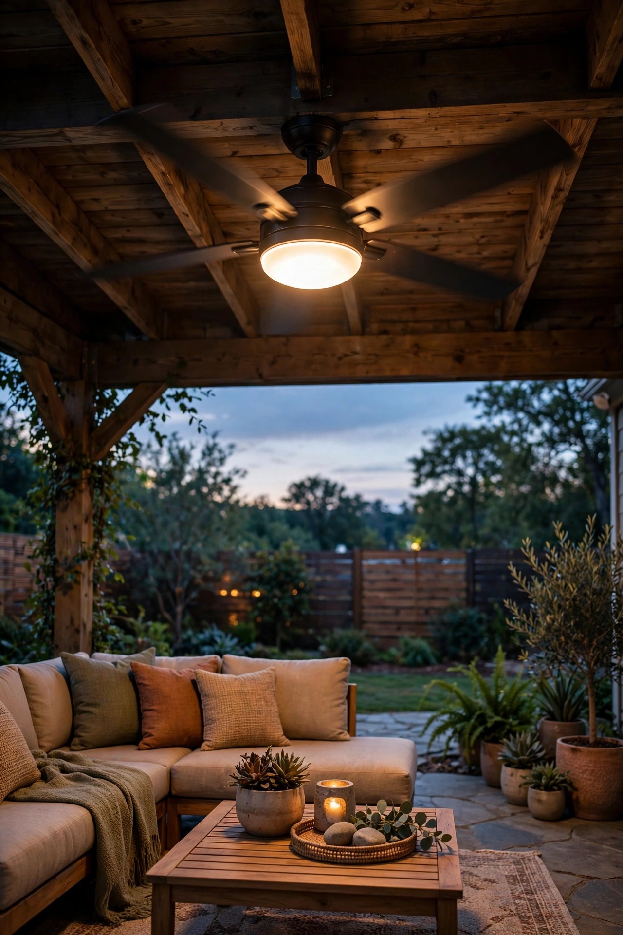 Damp-rated outdoor ceiling fan with warm light kit turning above an under-deck patio lounge