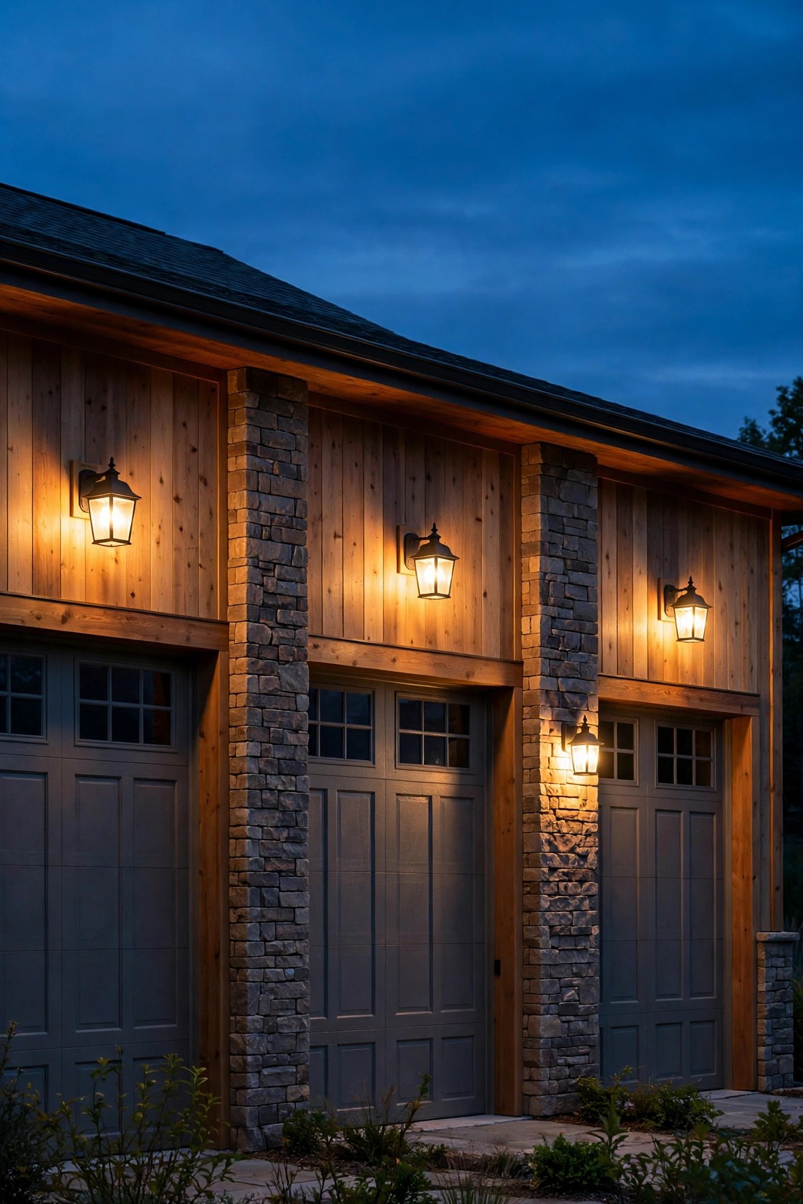 Three matching lanterns across a three-car garage with a center light on the column between bays