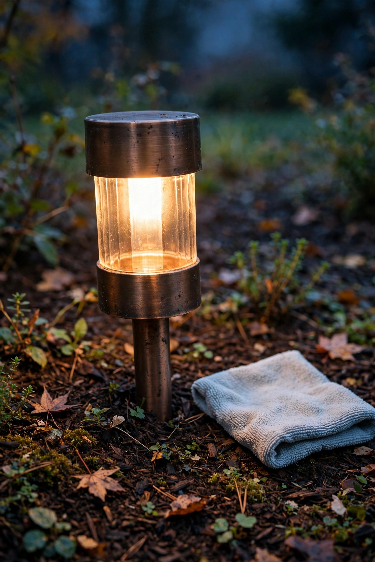 Wiping the lens of a metal path light clean with a soft cloth during seasonal landscape lighting maintenance in a garden bed