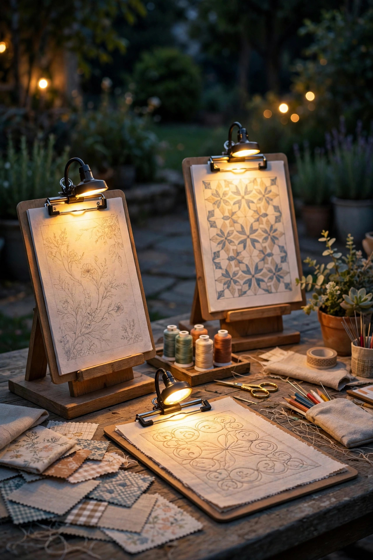 Clip-on book lights attached to pattern stands and clipboards at an outdoor craft table at night
