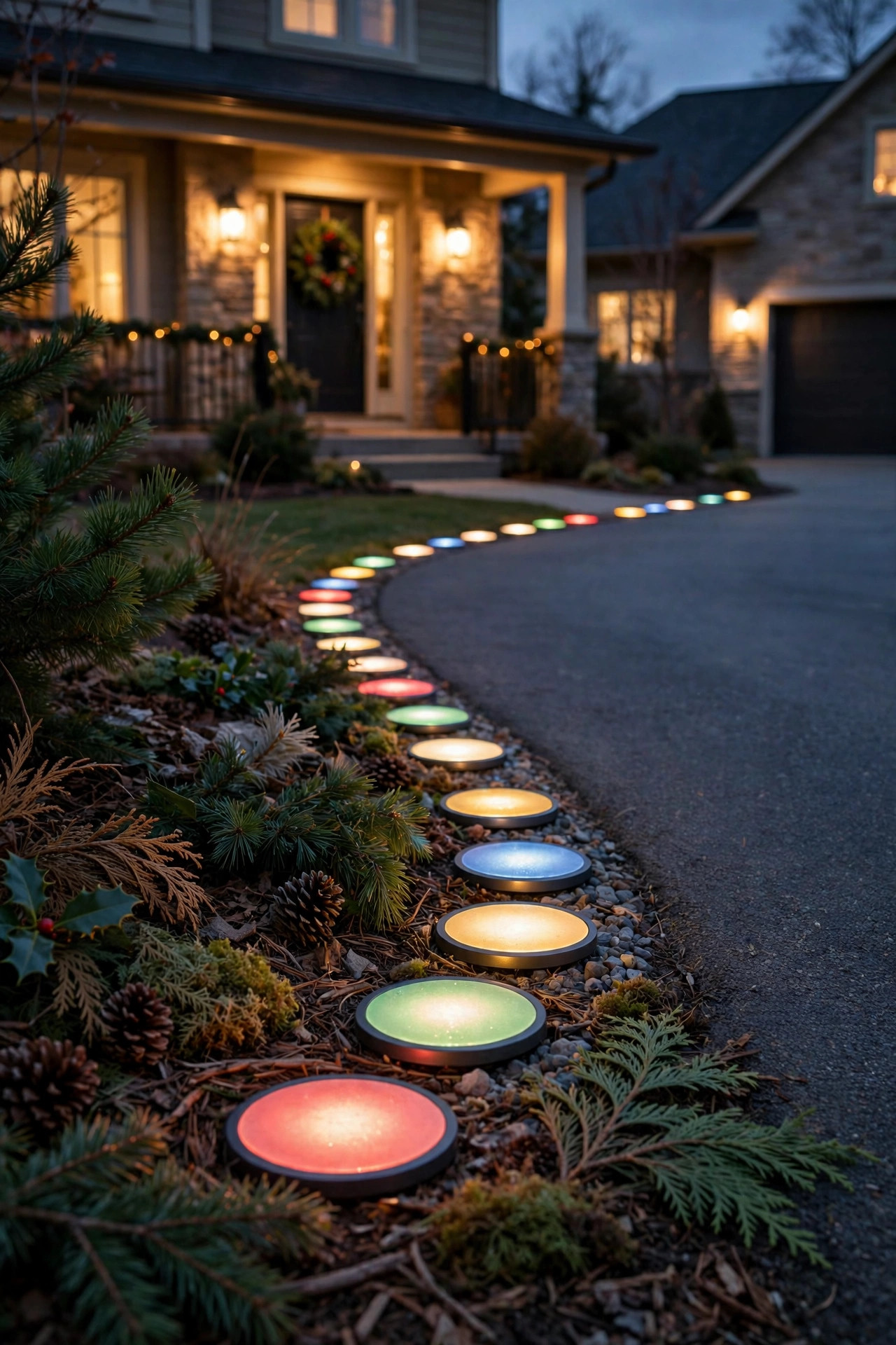 Solar disc lights along a driveway edge glowing soft festive colors during a holiday evening