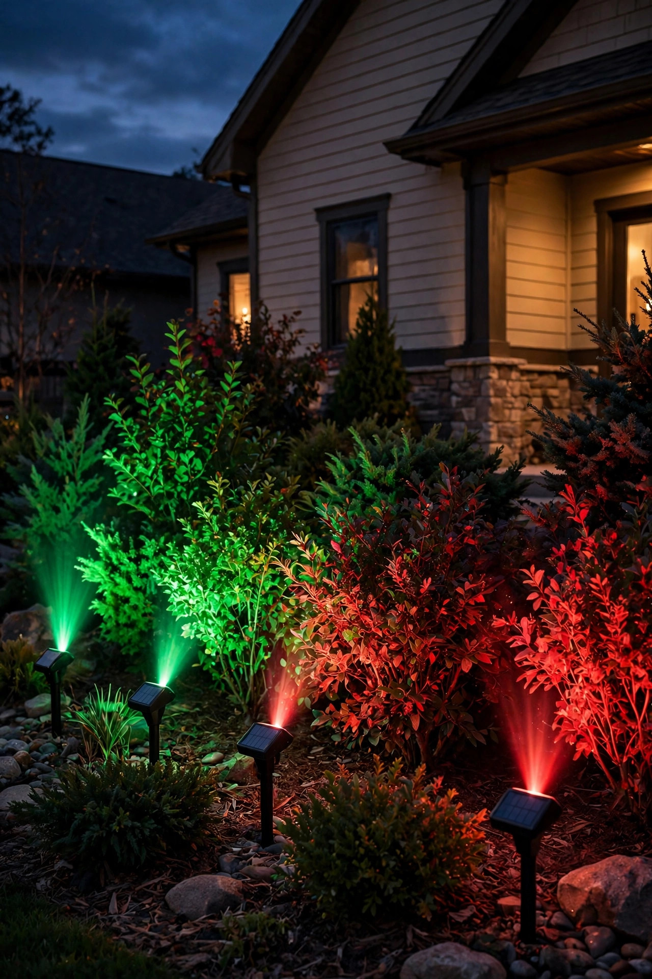 Color-changing solar spotlights washing front shrubs in festive green and red light at night