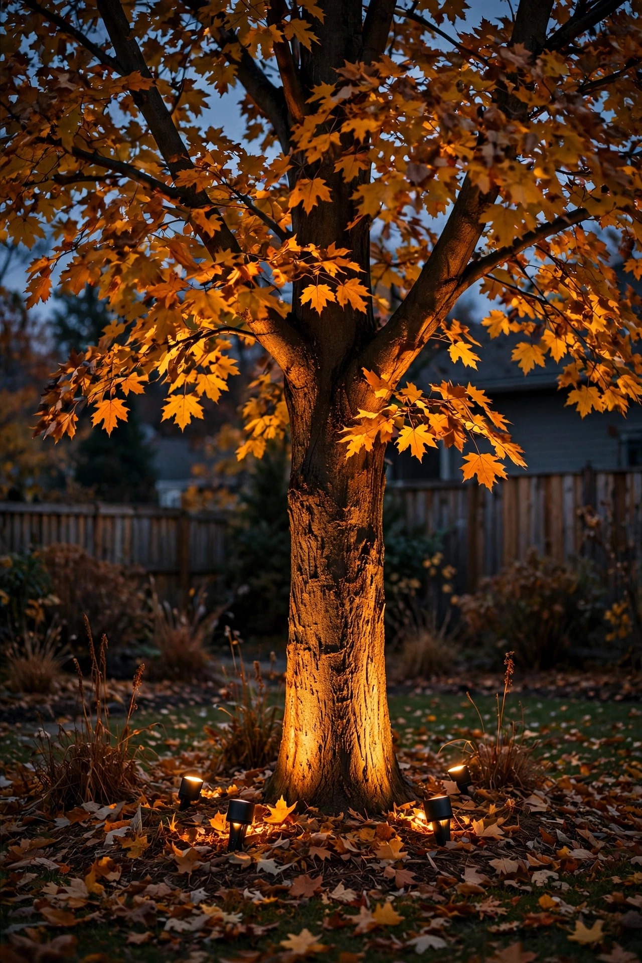 Backyard tree washed in rich amber light from color-changing smart uplights during autumn