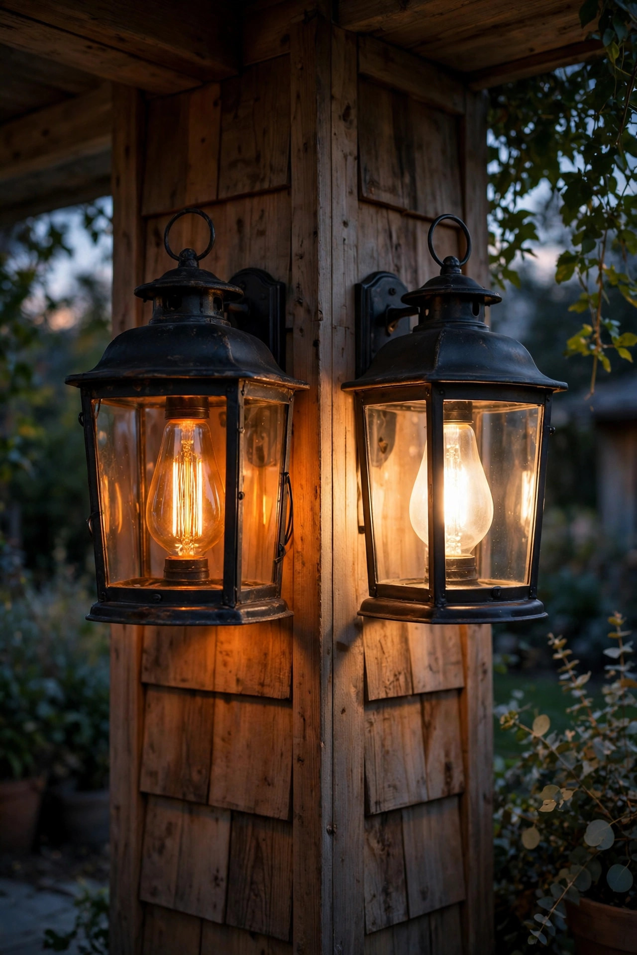 Side-by-side porch lanterns comparing amber 2200K and warm white 2700K vintage filament bulbs at dusk