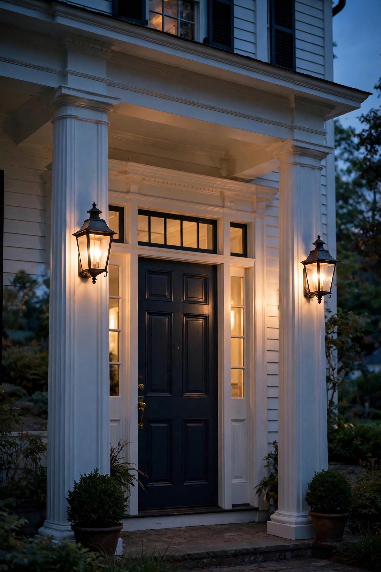 Lanterns mounted on white porch columns flanking a colonial entryway, glowing in symmetry at dusk