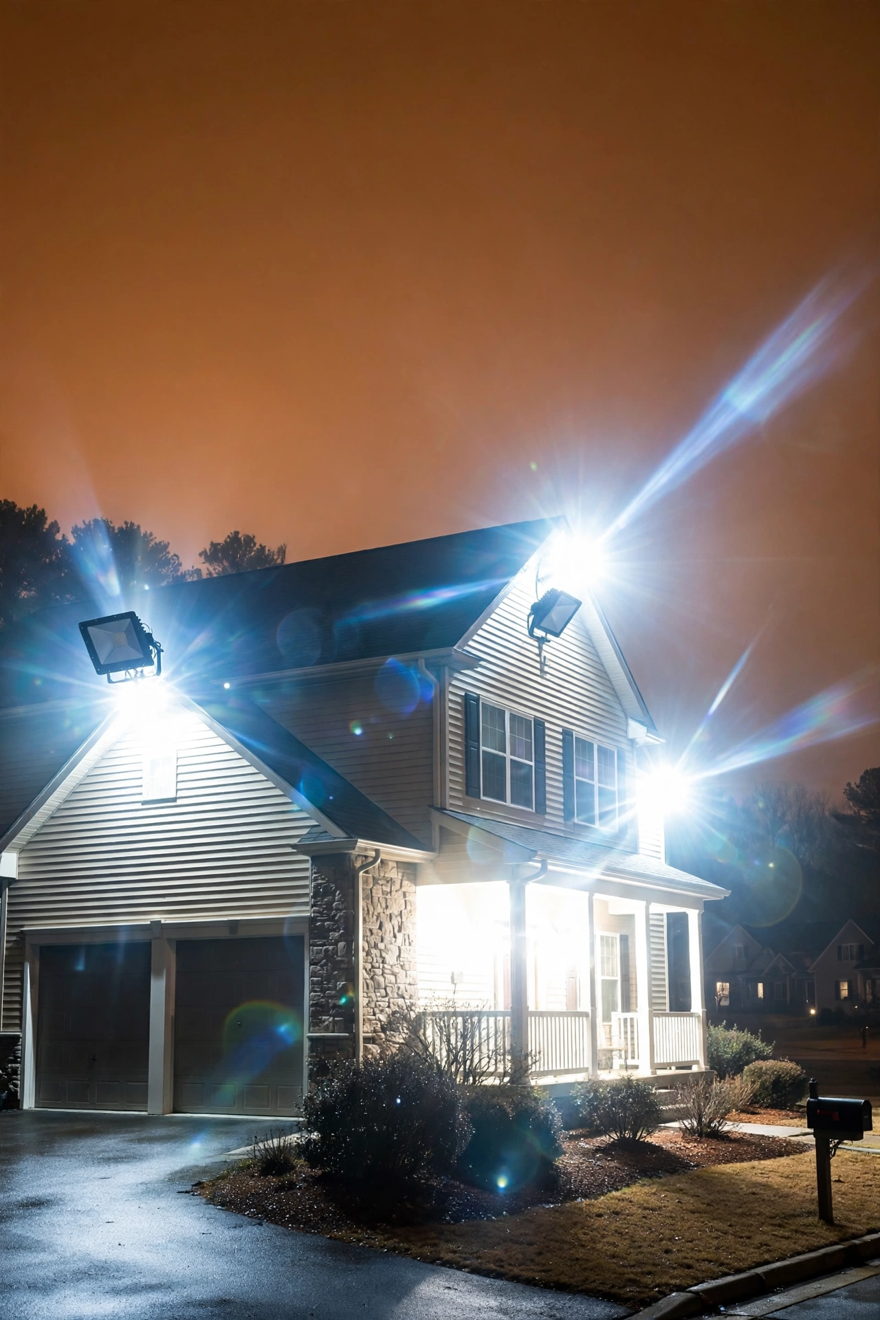 Common dark sky outdoor lighting mistakes shown on a house with glare and cool white uplighting