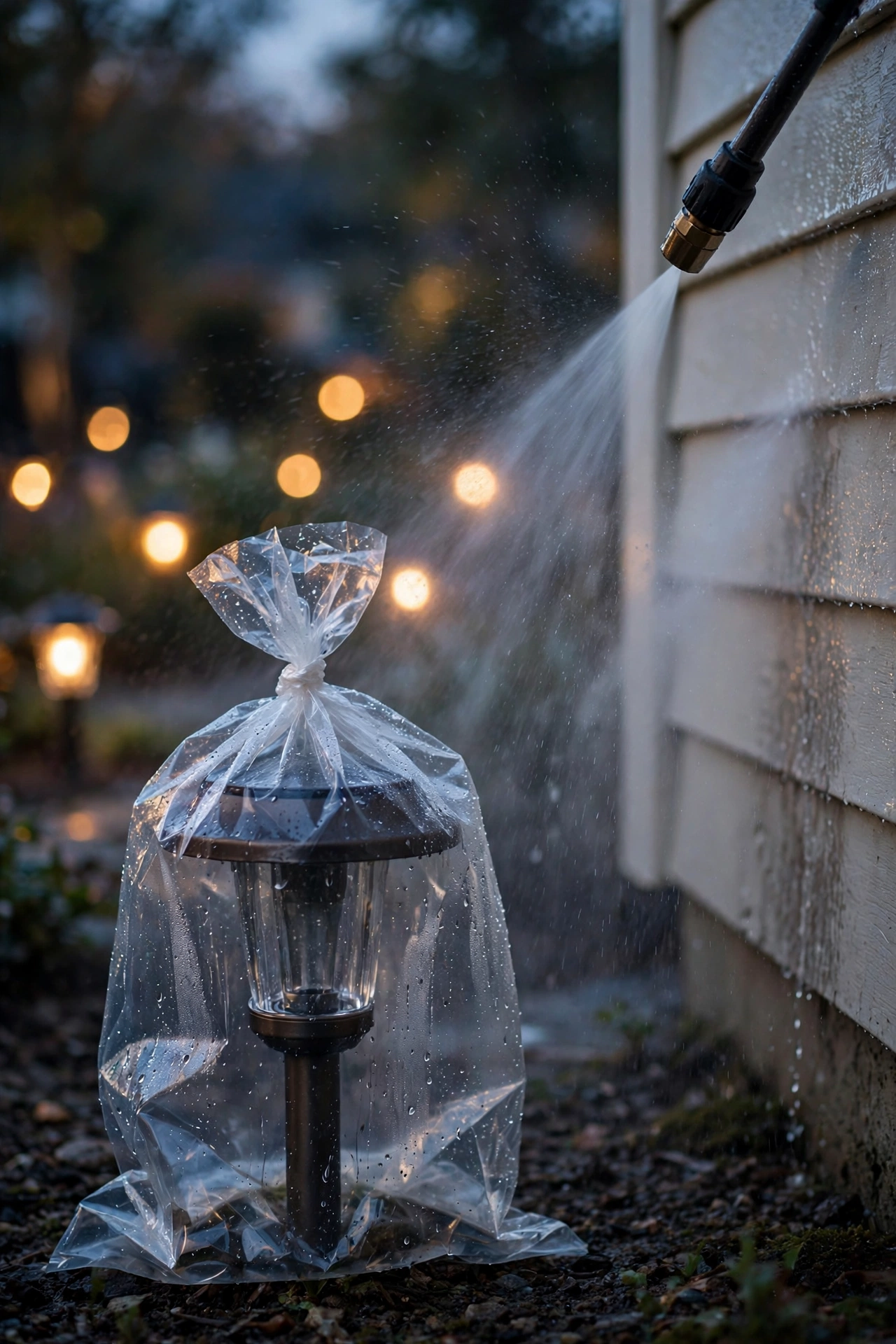 Pressure washer spraying near a house wall with landscape lights covered in plastic bags for protection