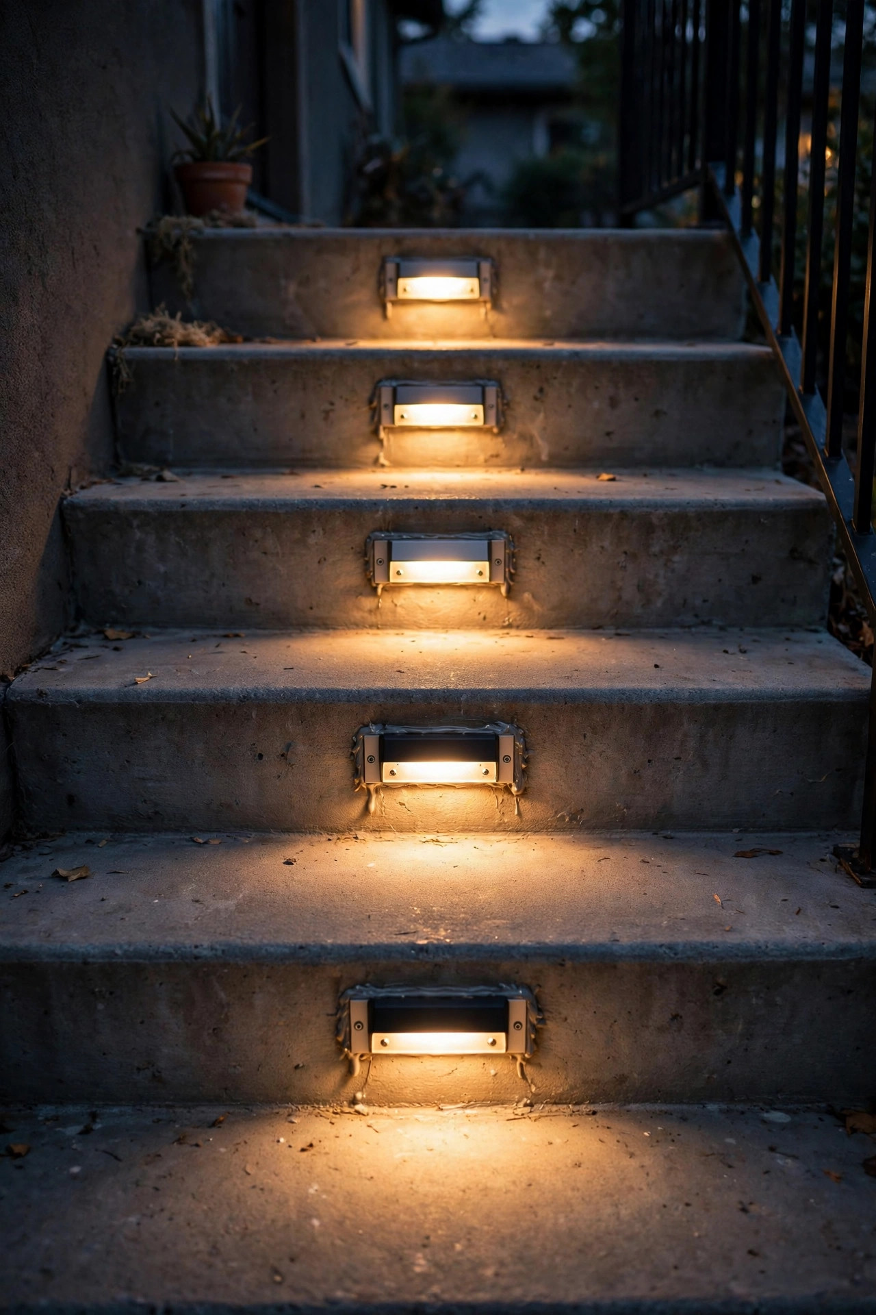 Surface mount step lights fixed to concrete porch steps with adhesive and screws, warm light on every tread