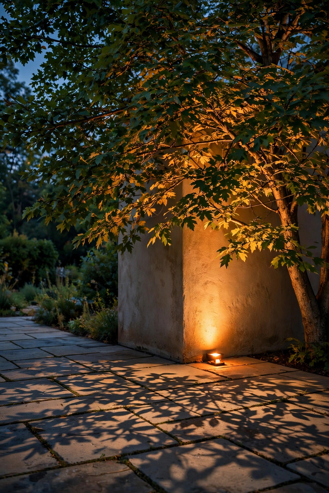 Uplight washing warm light up into a tree canopy at the outside corner of a patio, dappled shadows falling on the pavers