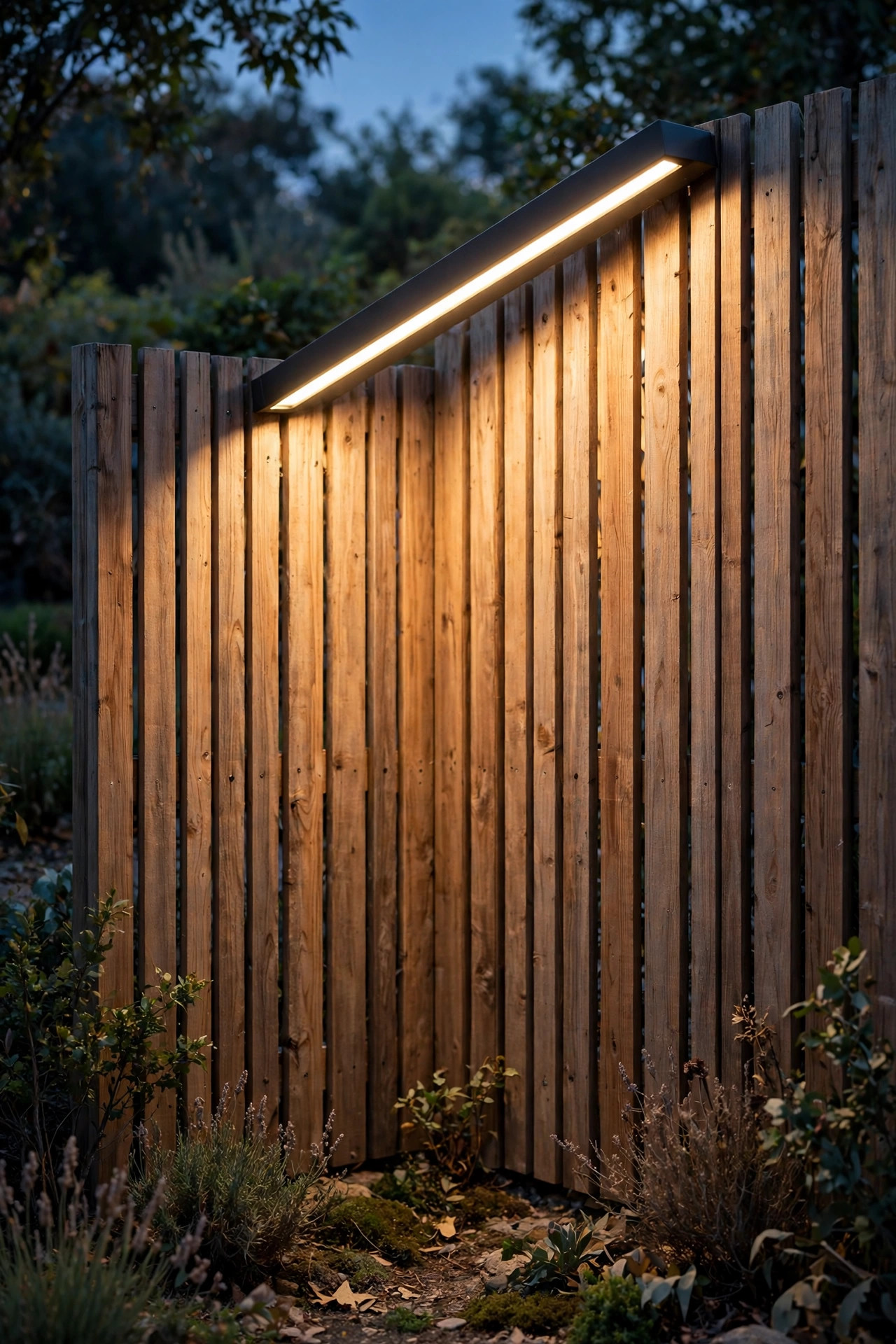 Diagonal wash fixture lighting both faces of a fence corner with no dark gap