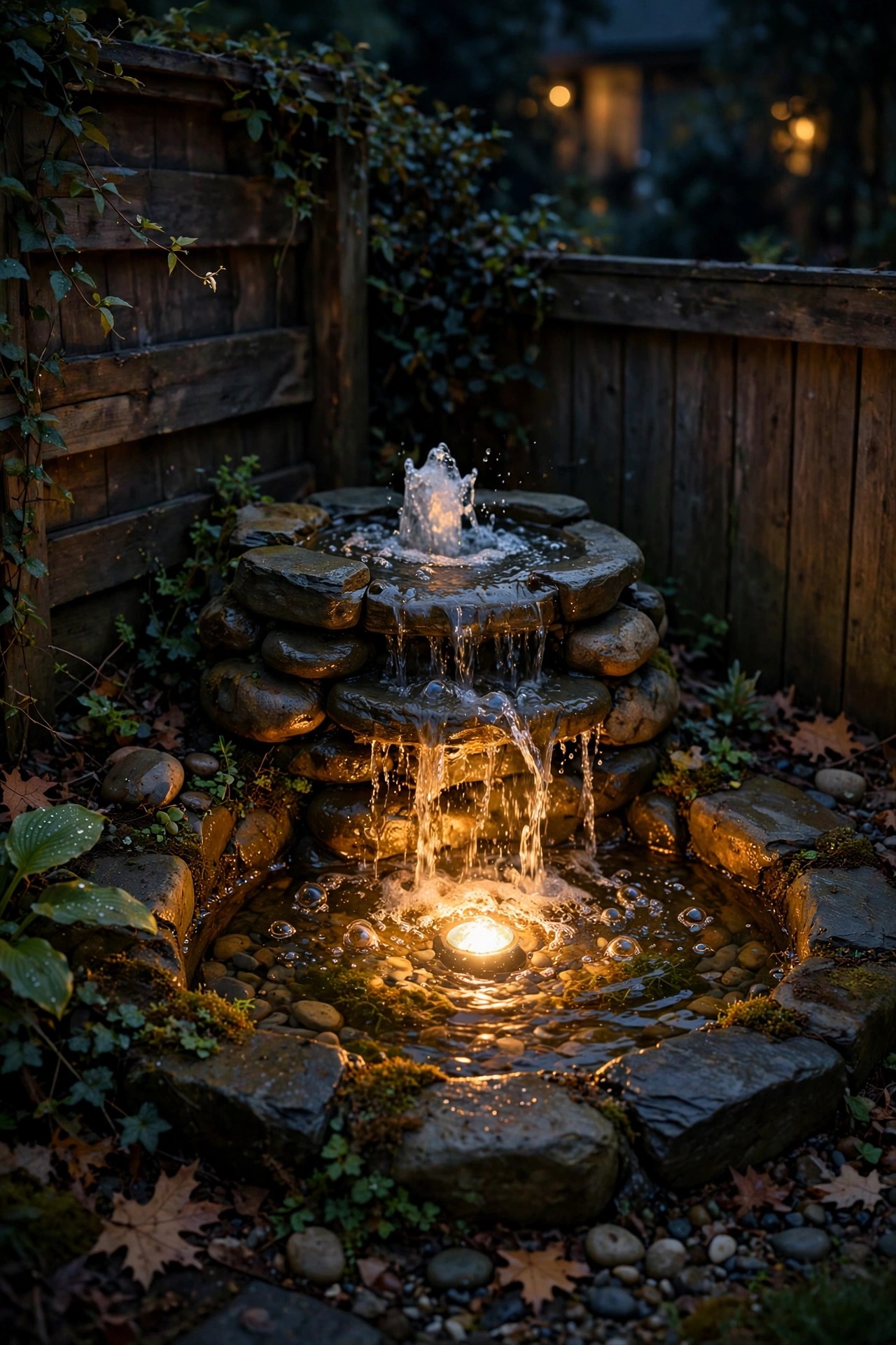 Small bubbling fountain with a warm submersible LED tucked into a backyard corner at night