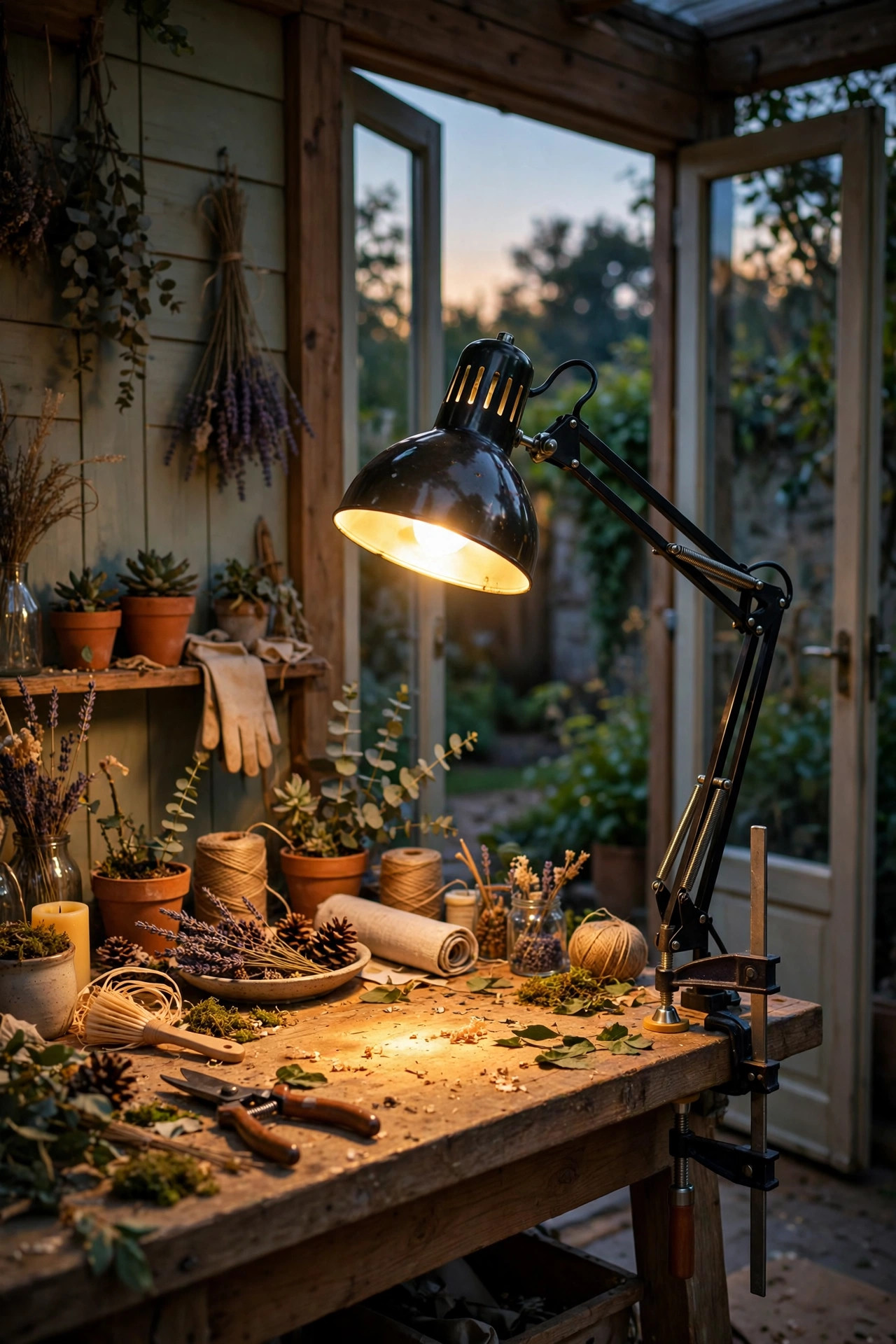 Adjustable clamp task lamp shining brightly over a craft bench inside a garden studio
