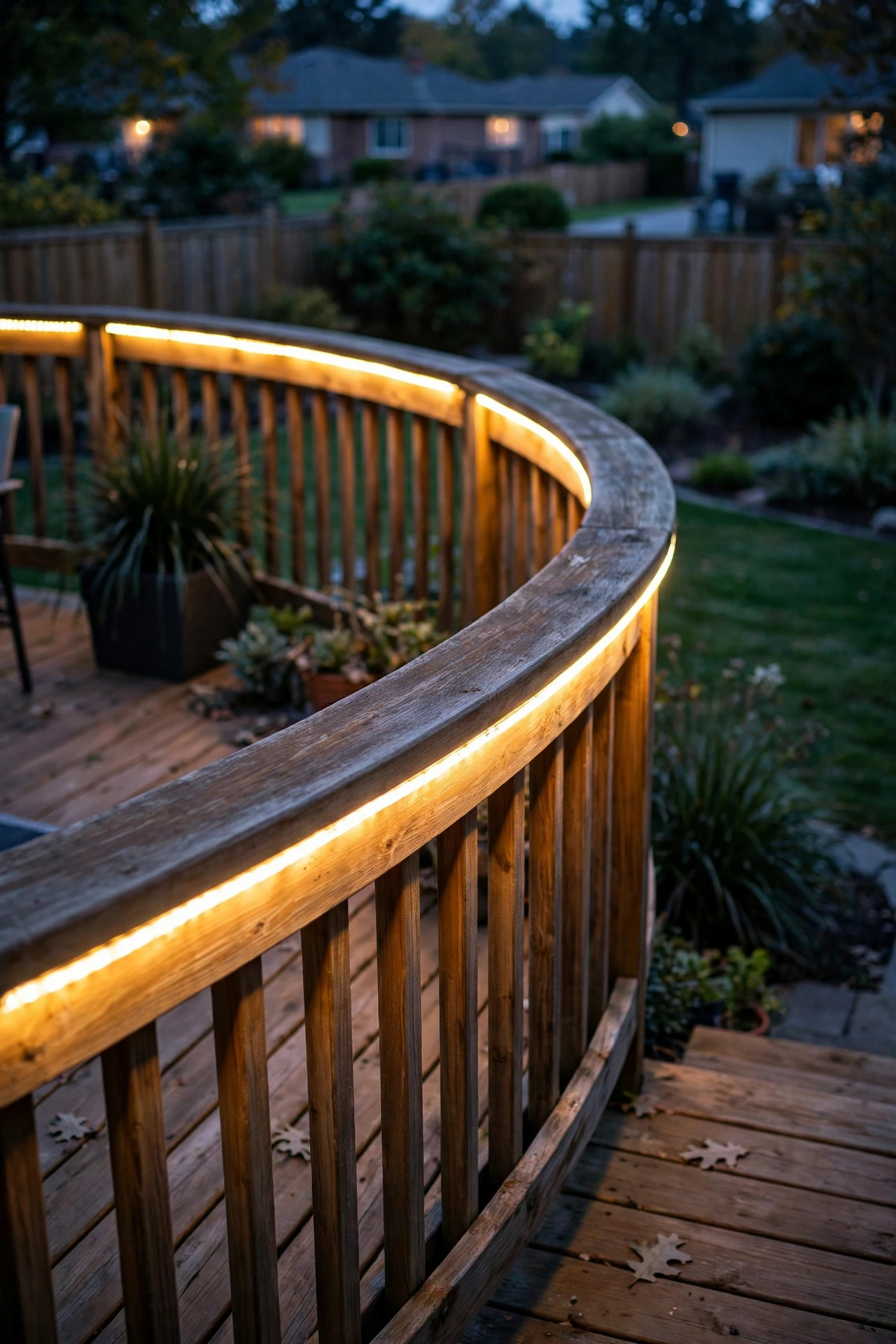 Flexible LED strip following a curved deck railing in smooth continuous warm glow at dusk