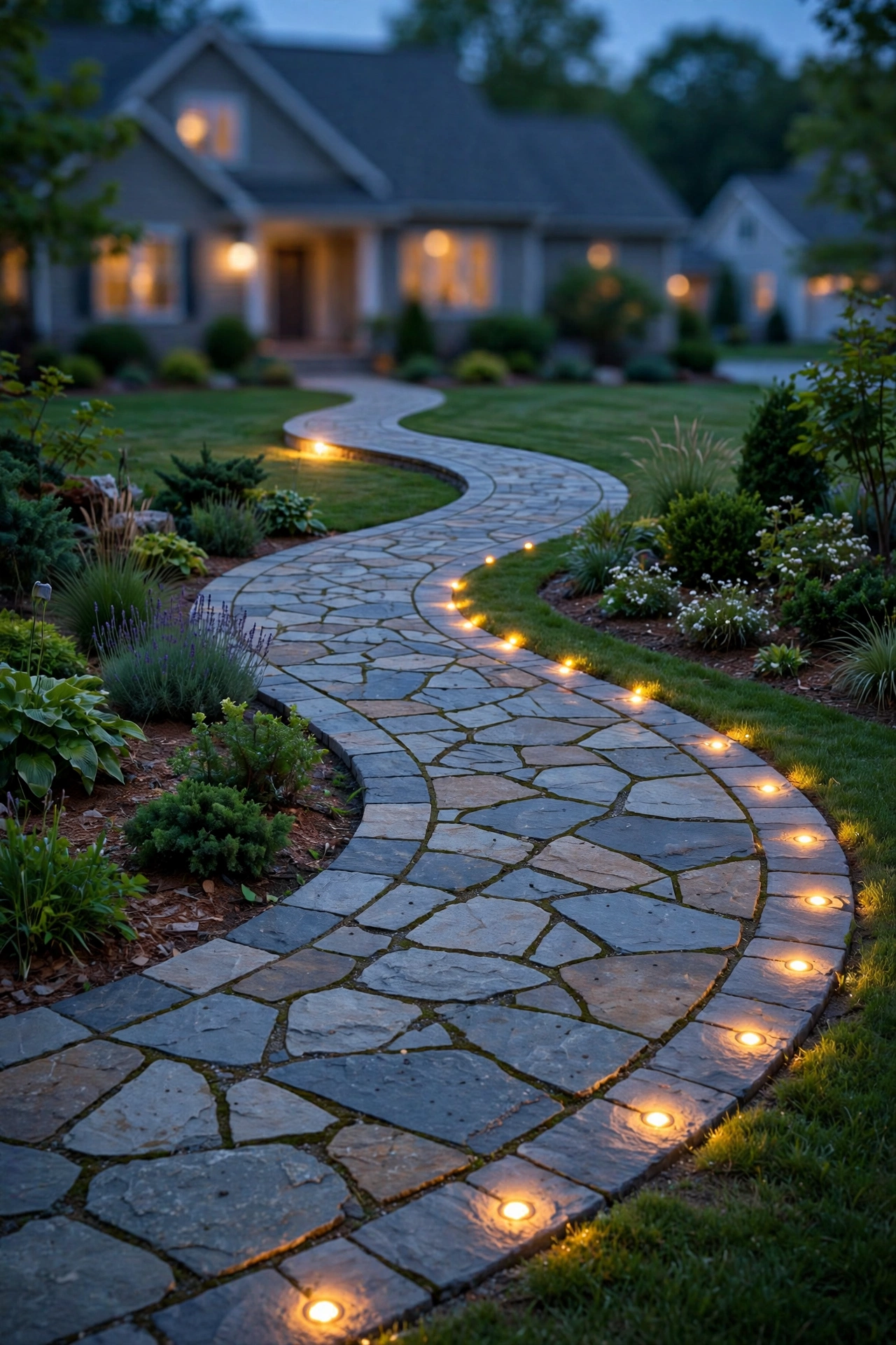 Paver lights spaced along the outside edge of a curved stone walkway at dusk