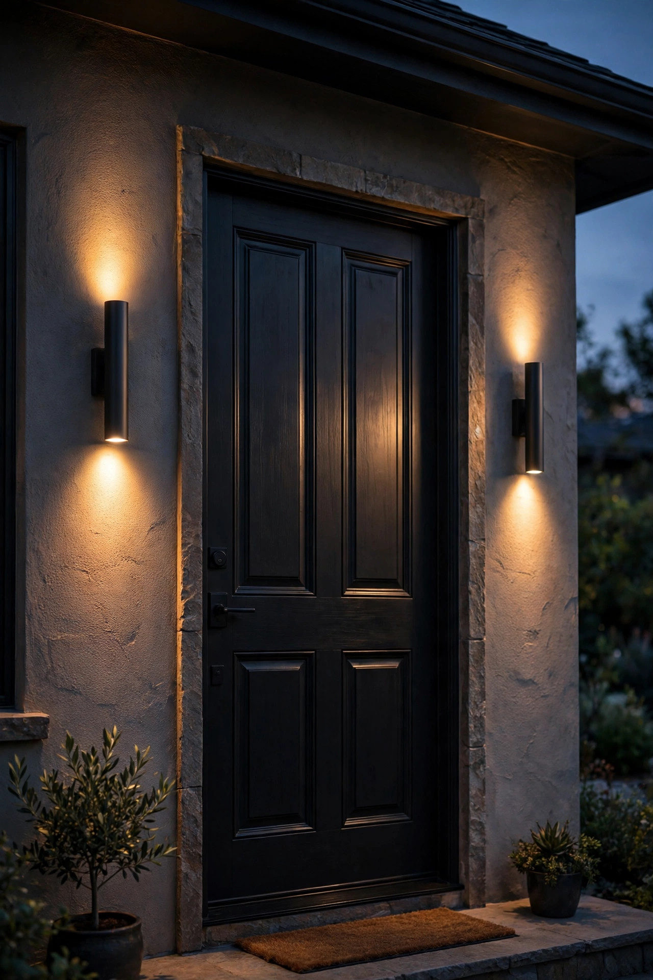 Slim cylinder sconces casting light up and down beside a black front door, grazing beams highlighting door panels